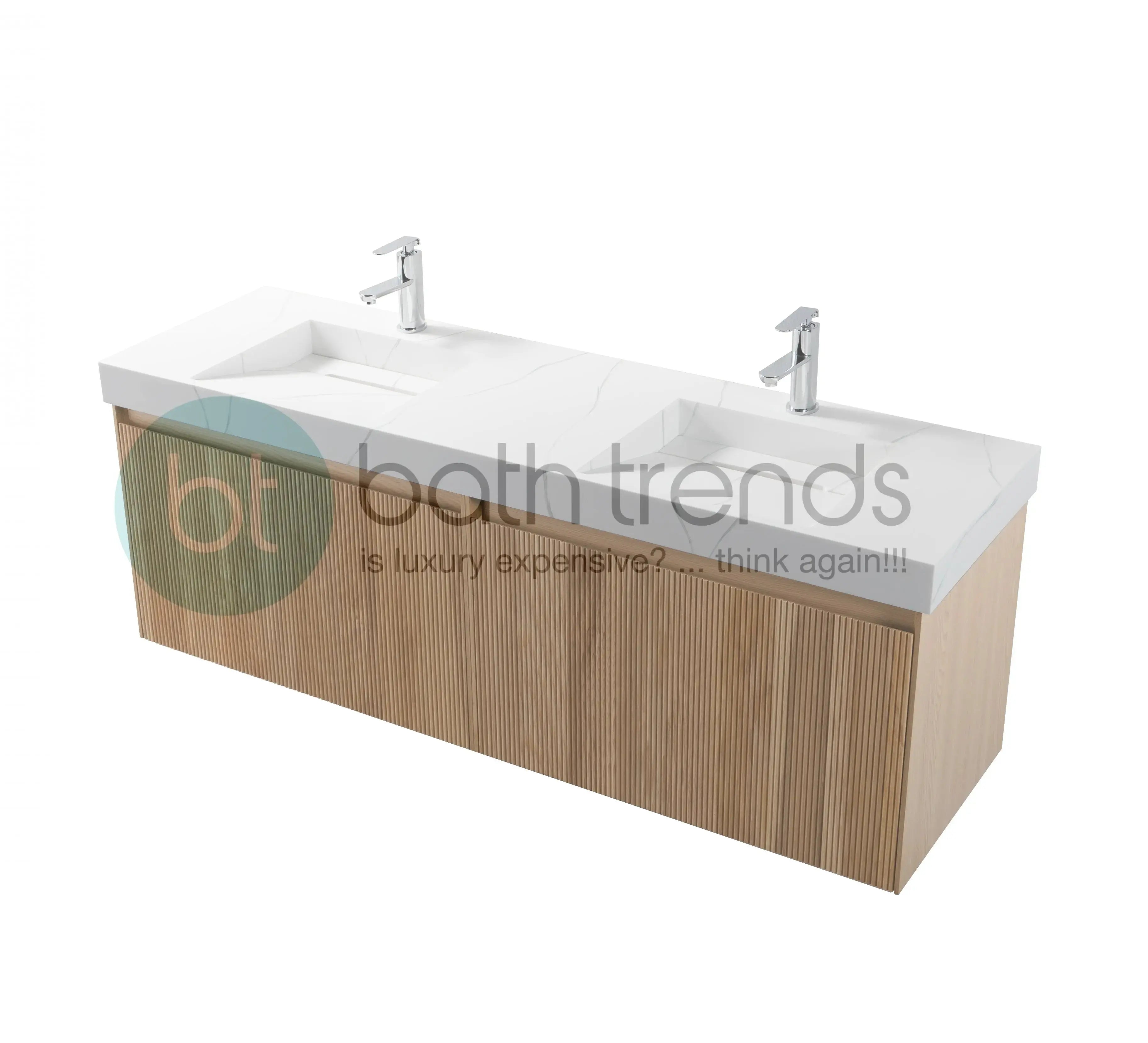 Miami 63 Double Natural Oak Cabinet, Solid Surface Carrara Infinity Sink, Wall Mounted Modern Vanity Set