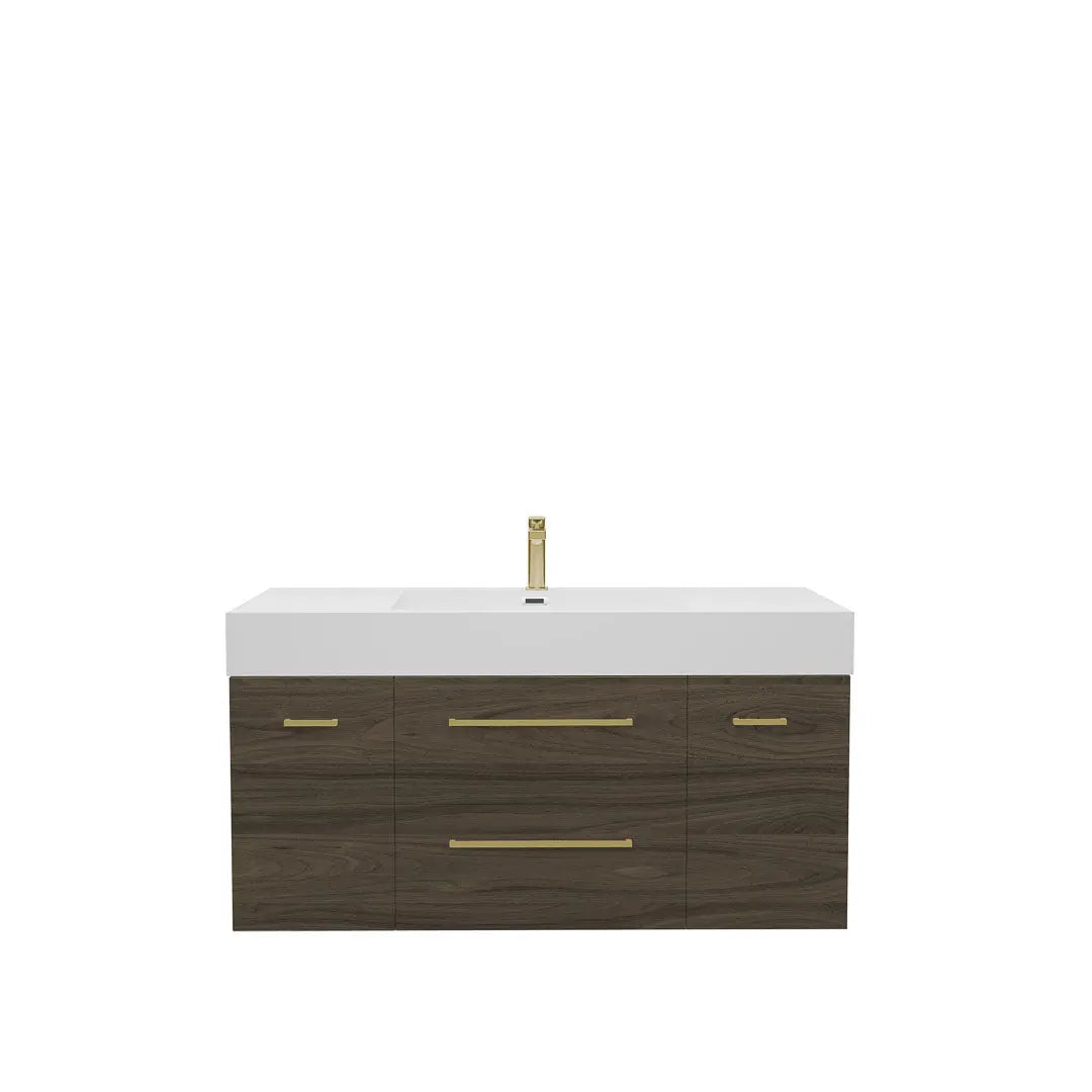 Maya Duo 47.5 Walnut High Gloss Cabinet, Square Cultured Marble Sink, Wall Mounted Modern Vanity Set
