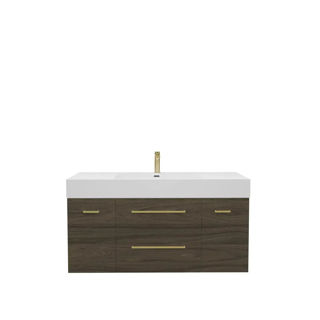 Maya Duo 47.5 Walnut High Gloss Cabinet, Square Cultured Marble Sink, Wall Mounted Modern Vanity Set