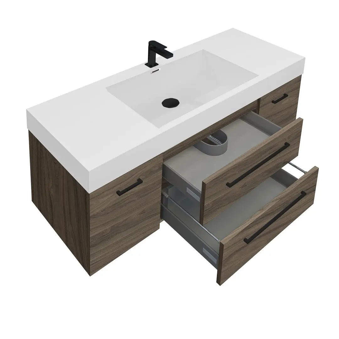 Maya Duo 47.5 Walnut High Gloss Cabinet, Square Cultured Marble Sink, Wall Mounted Modern Vanity Set