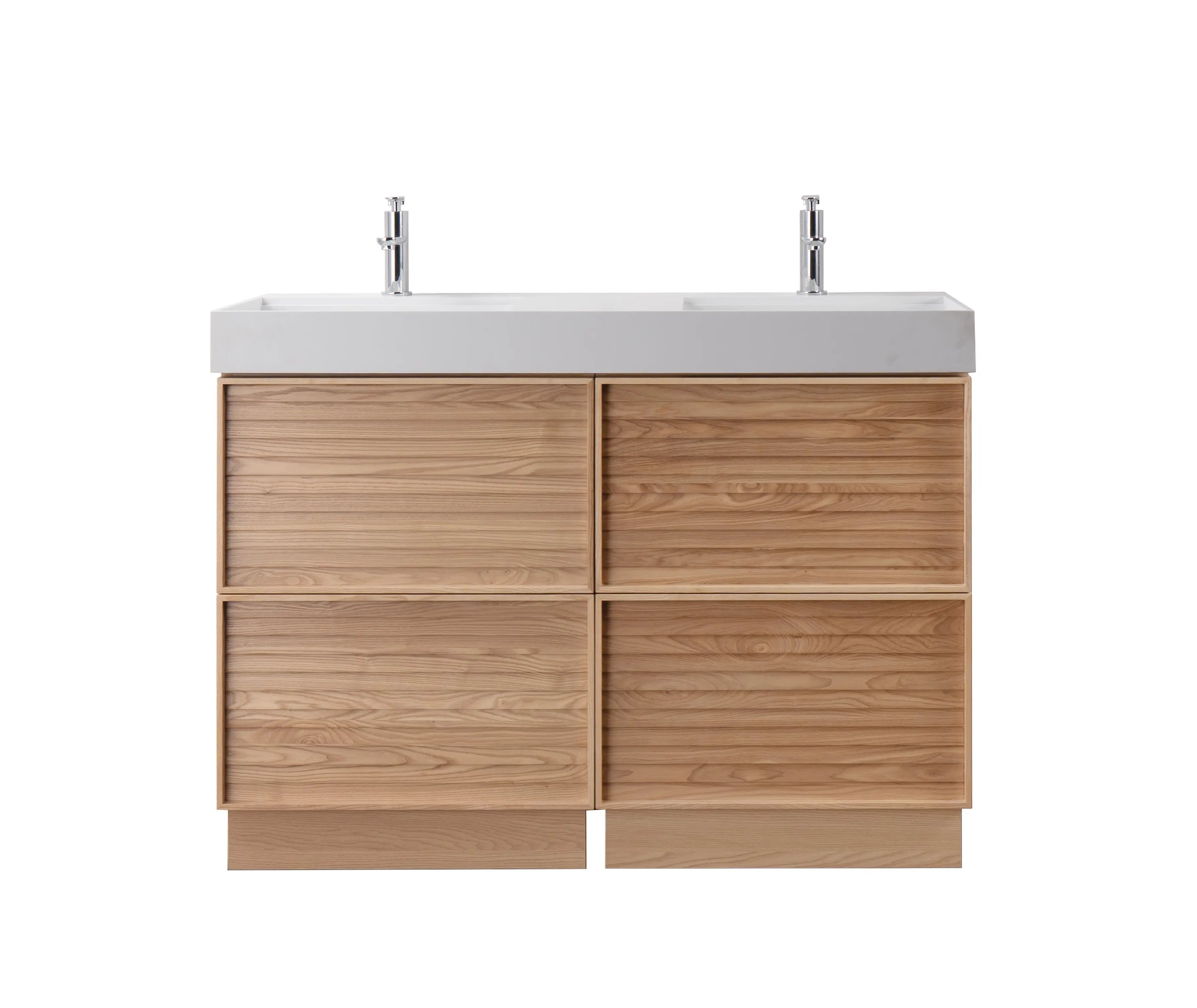 Nara 48" Double Natural Oak Cabinet, Solid Surface ORUS Infinity Sink, Freestanding Modern Vanity Set