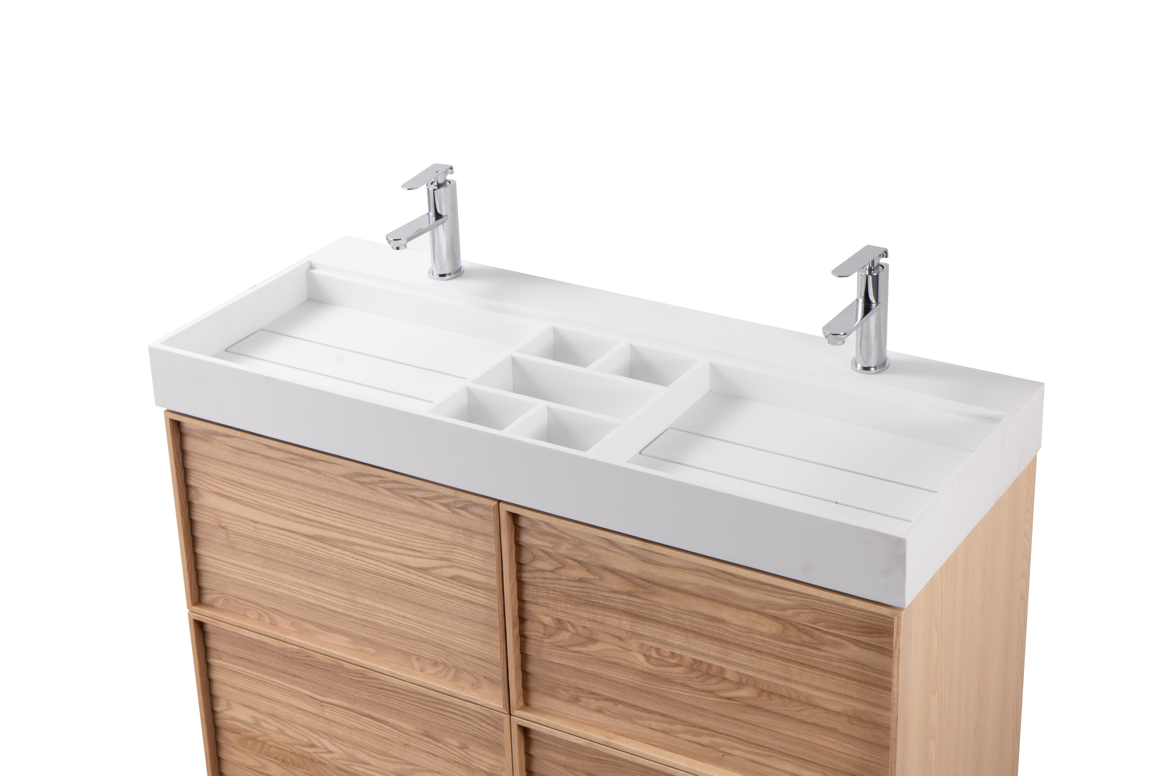 Nara 48" Double Natural Oak Cabinet, Solid Surface ORUS Infinity Sink, Freestanding Modern Vanity Set