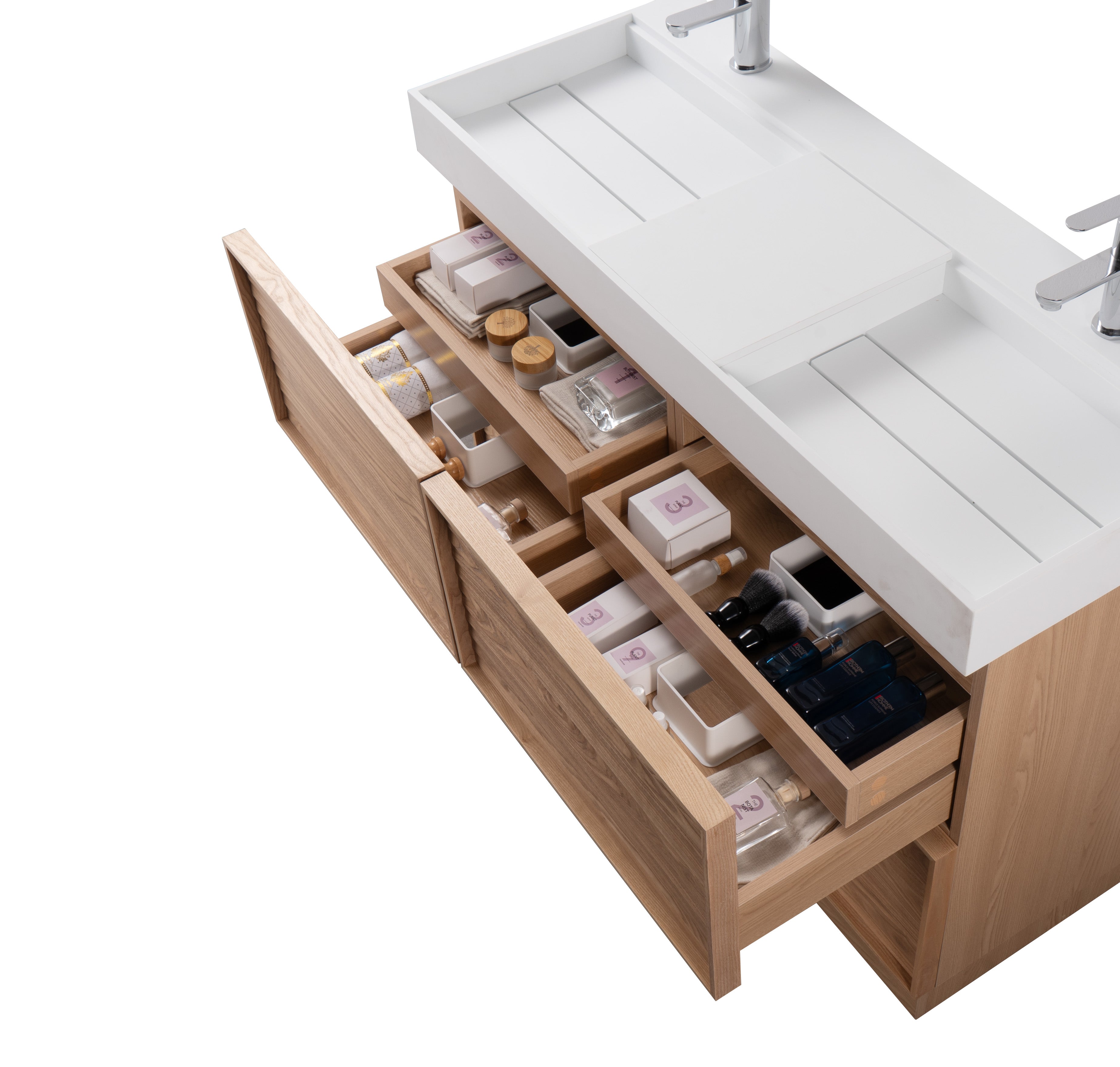 Nara 48" Double Natural Oak Cabinet, Solid Surface ORUS Infinity Sink, Freestanding Modern Vanity Set