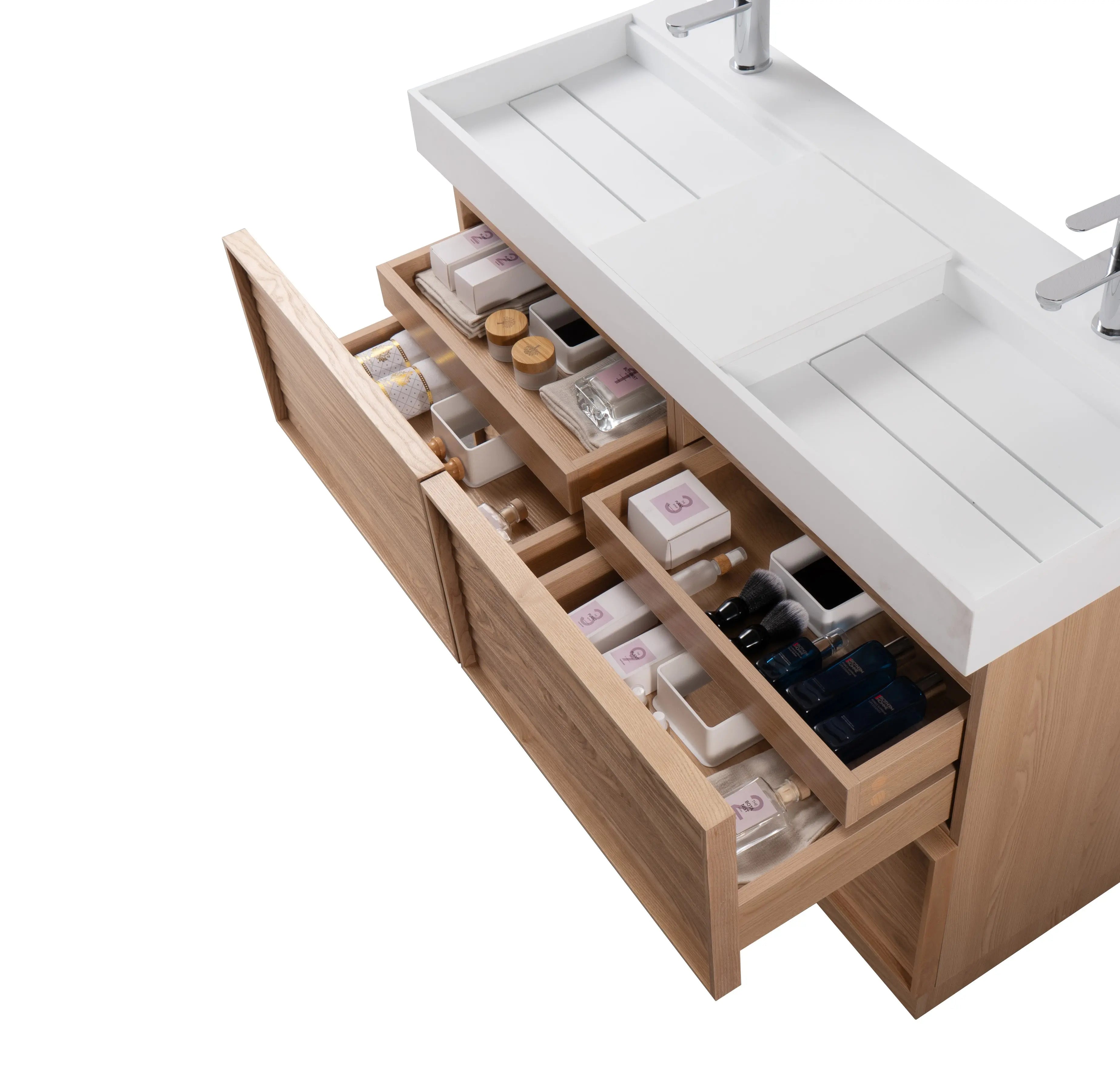 Nara 48" Double Natural Oak Cabinet, Solid Surface ORUS Infinity Sink, Freestanding Modern Vanity Set