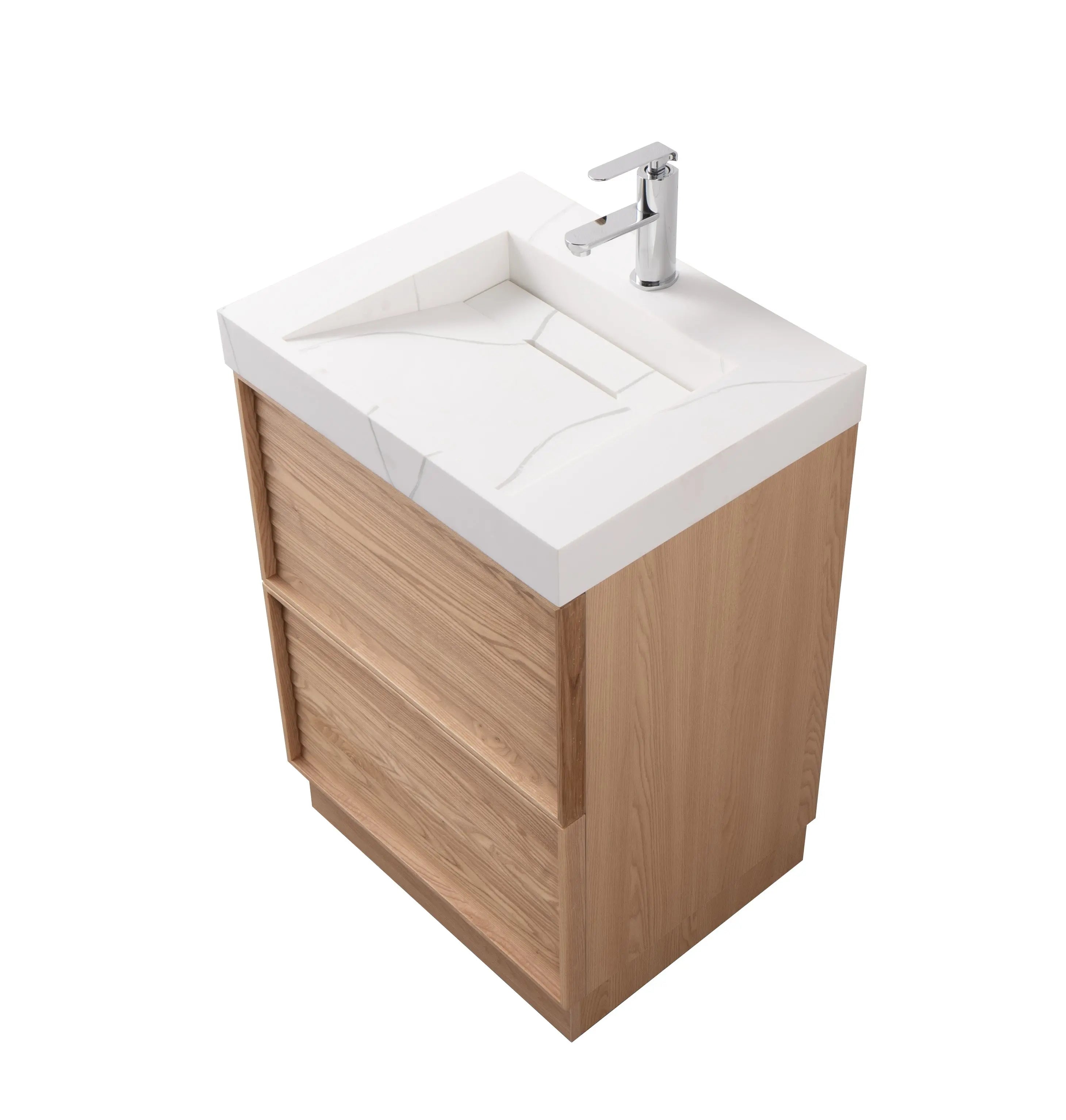 Nara 23.5 Single Natural Oak Cabinet, Solid Surface CARRARA Infinity Sink, Freestanding Modern Vanity Set