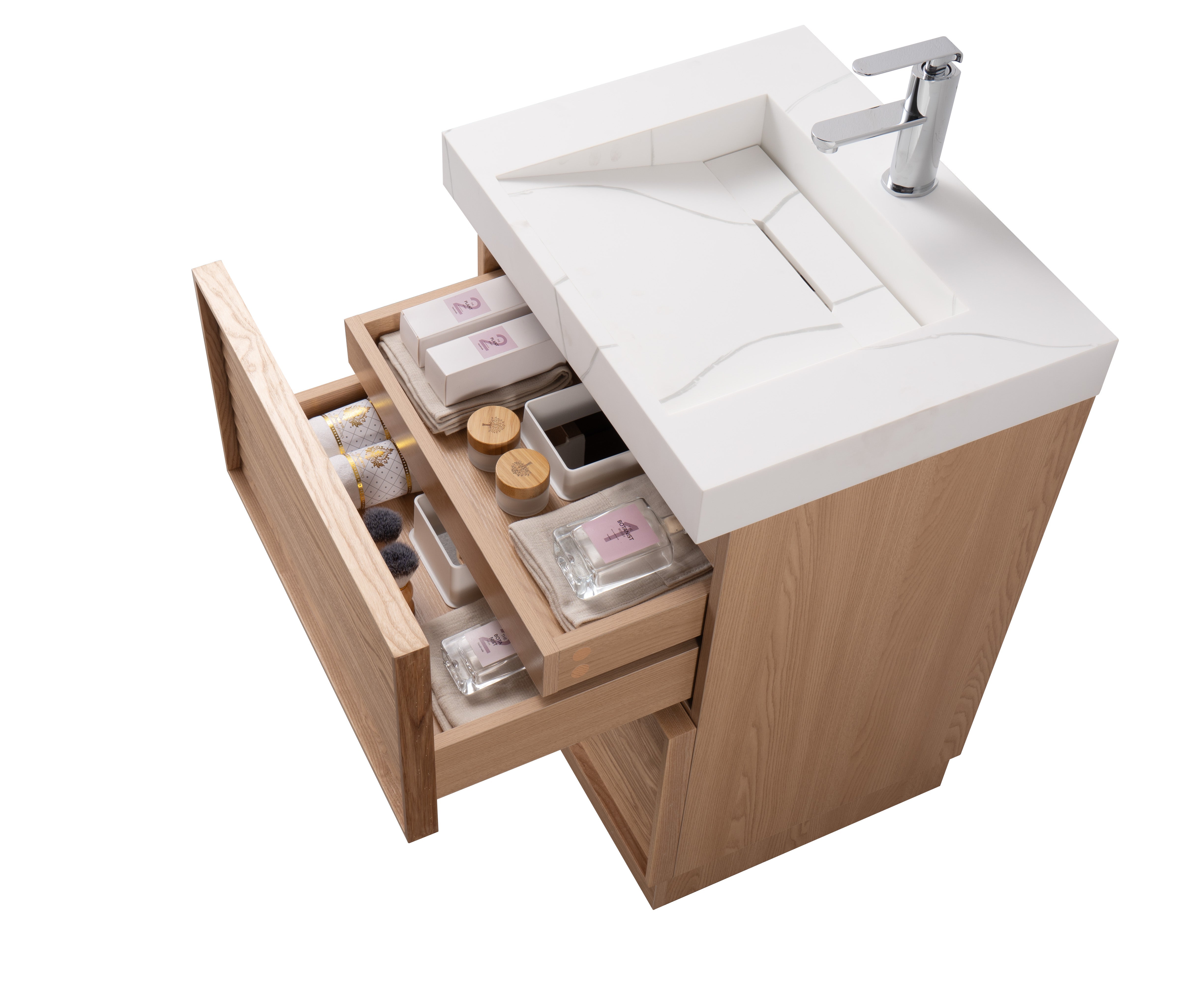 Nara 23.5 Single Natural Oak Cabinet, Solid Surface CARRARA Infinity Sink, Freestanding Modern Vanity Set
