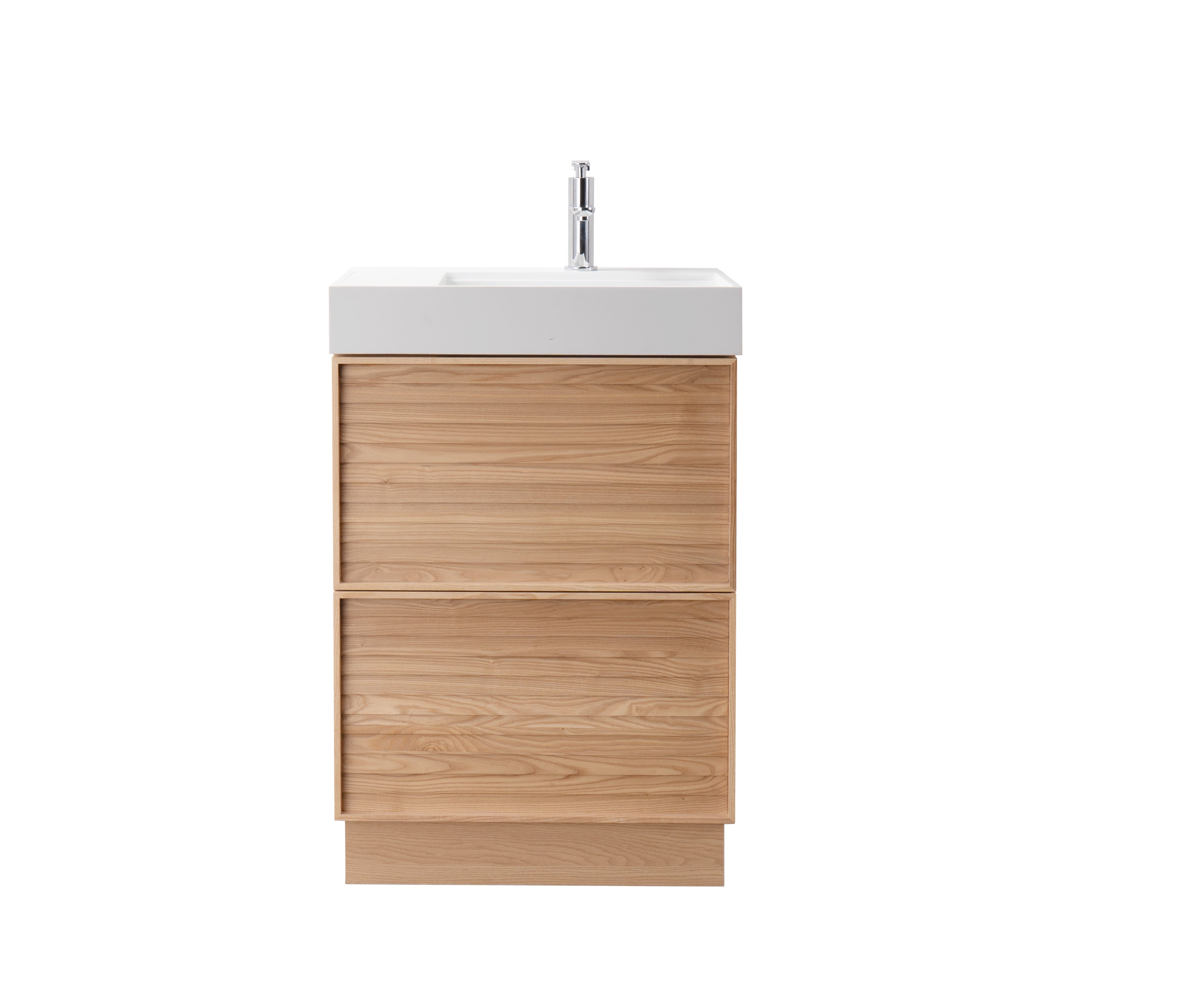 Nara 23.5 Natural Oak Cabinet, Solid Surface ORUS Infinity Sink, Freestanding Modern Vanity Set