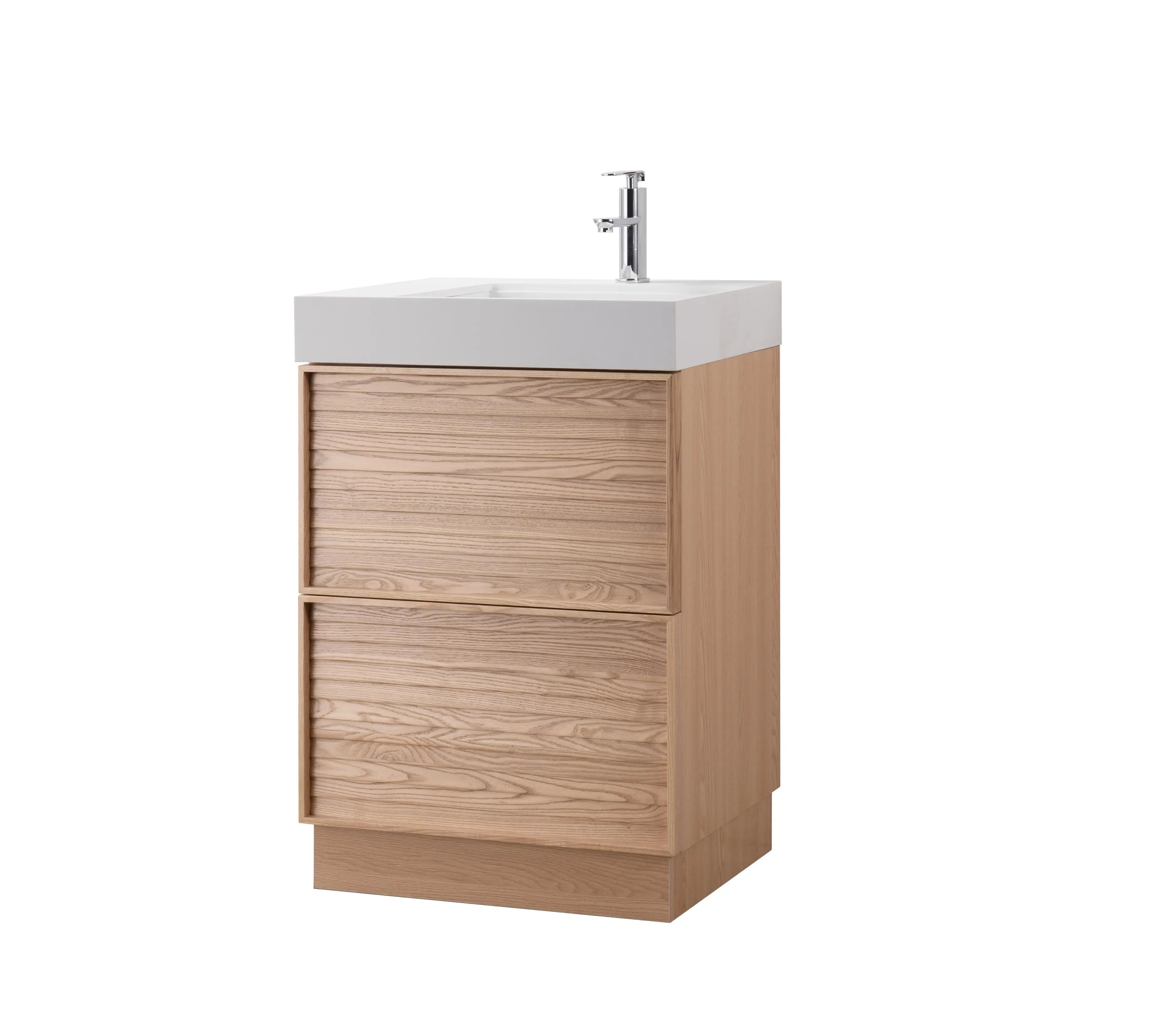 Nara 23.5 Natural Oak Cabinet, Solid Surface ORUS Infinity Sink, Freestanding Modern Vanity Set