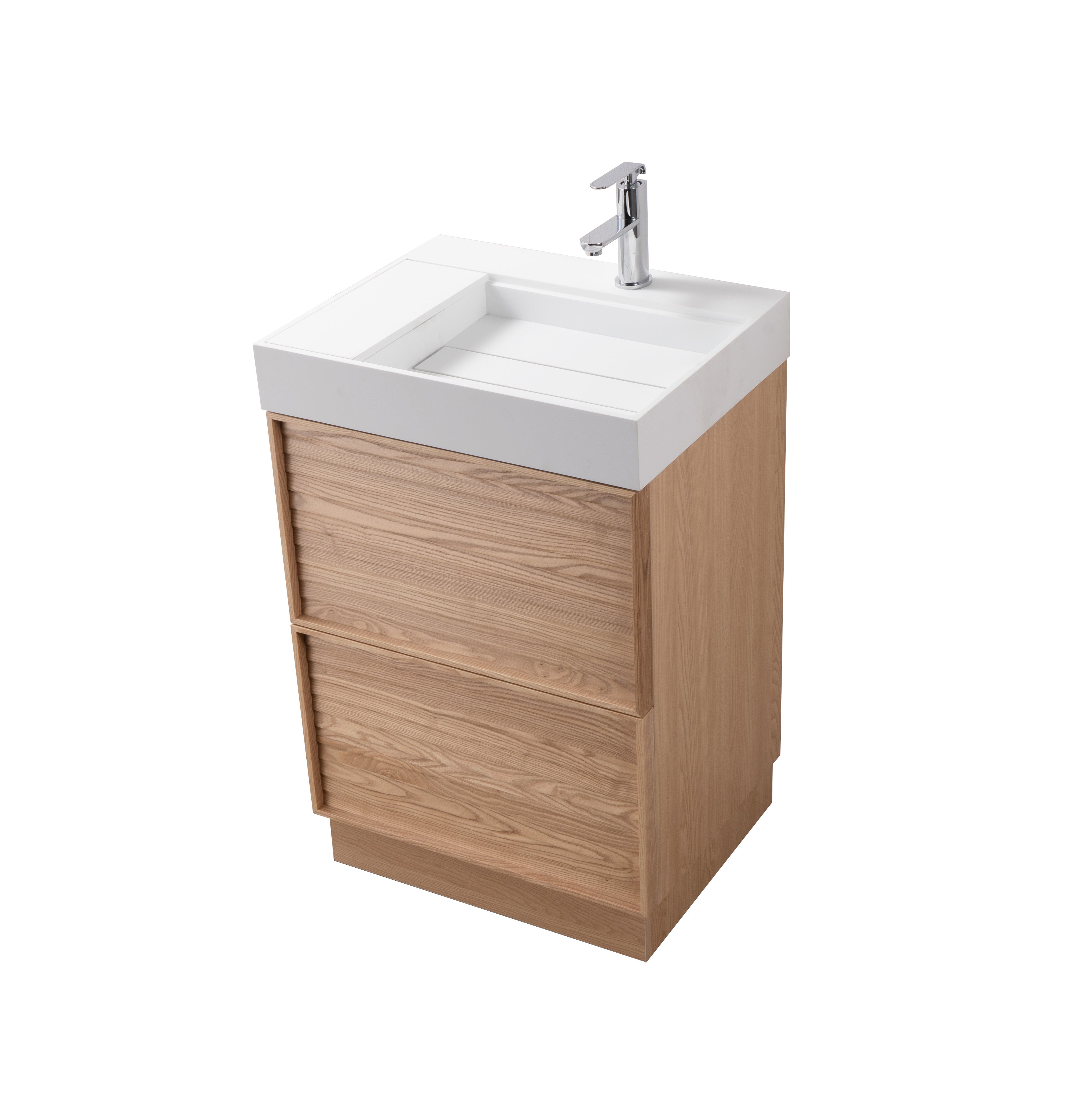 Nara 23.5 Natural Oak Cabinet, Solid Surface ORUS Infinity Sink, Freestanding Modern Vanity Set
