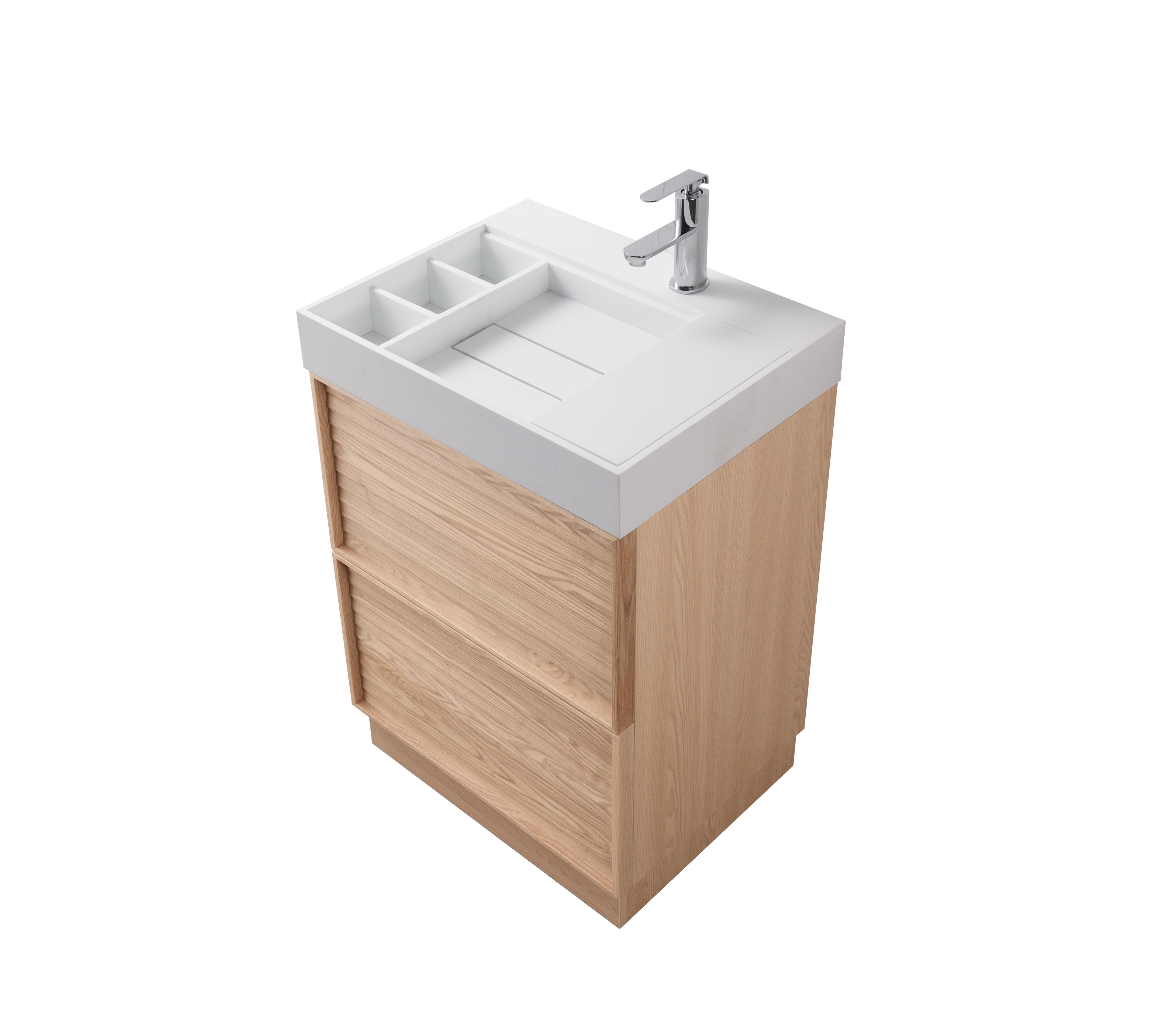 Nara 23.5 Natural Oak Cabinet, Solid Surface ORUS Infinity Sink, Freestanding Modern Vanity Set