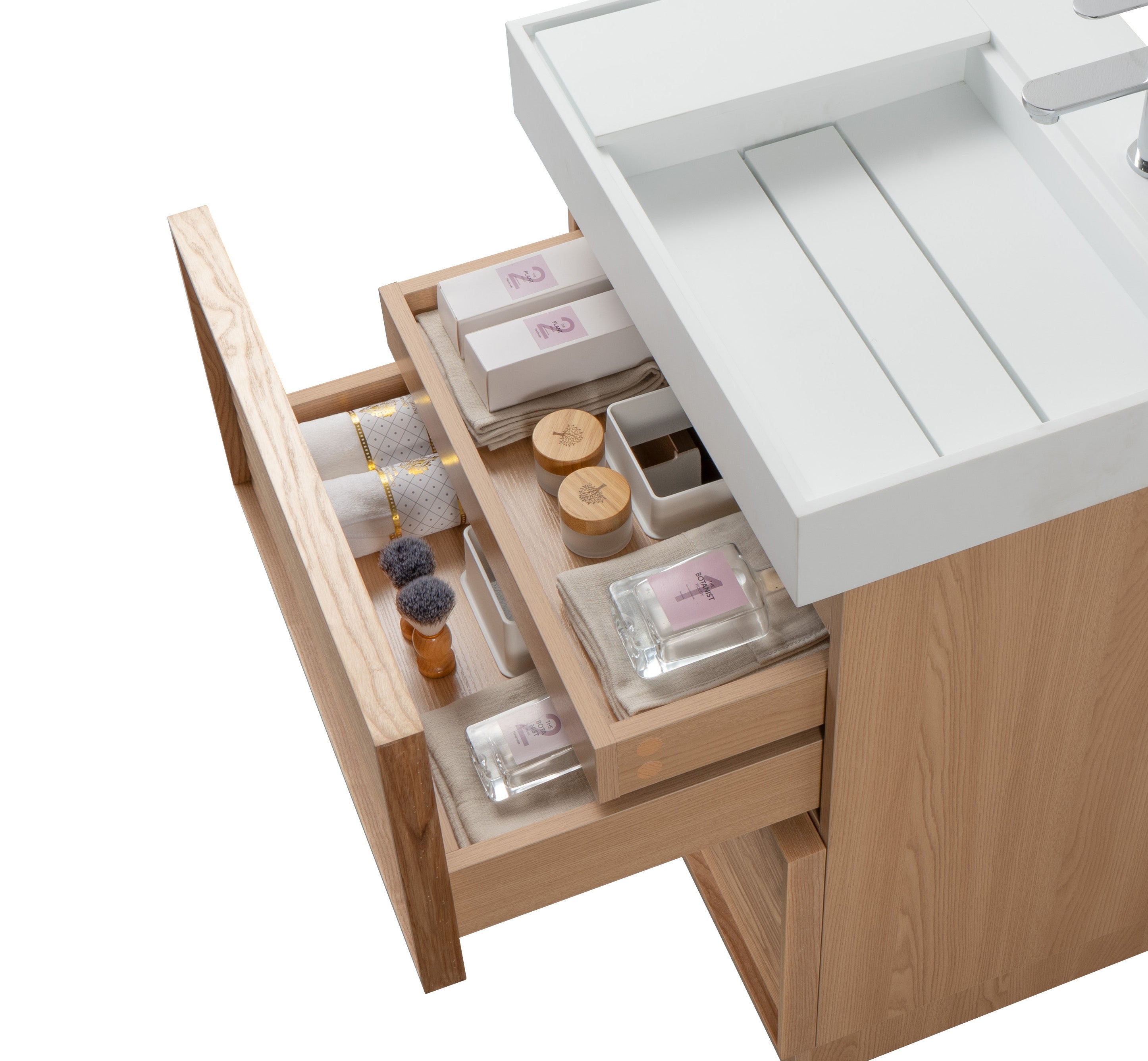 Nara 23.5 Natural Oak Cabinet, Solid Surface ORUS Infinity Sink, Freestanding Modern Vanity Set