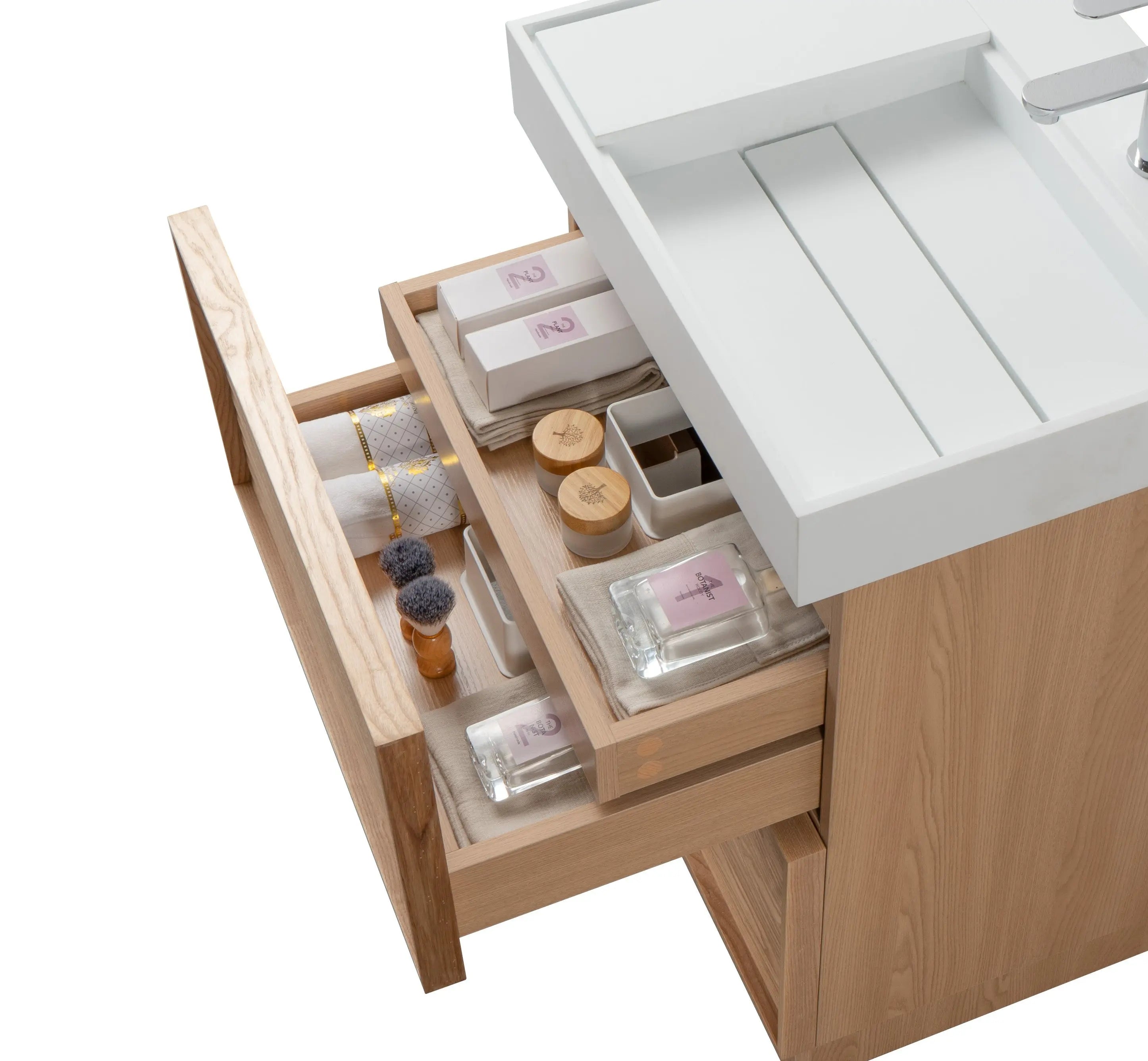 Nara 23.5 Natural Oak Cabinet, Solid Surface ORUS Infinity Sink, Freestanding Modern Vanity Set
