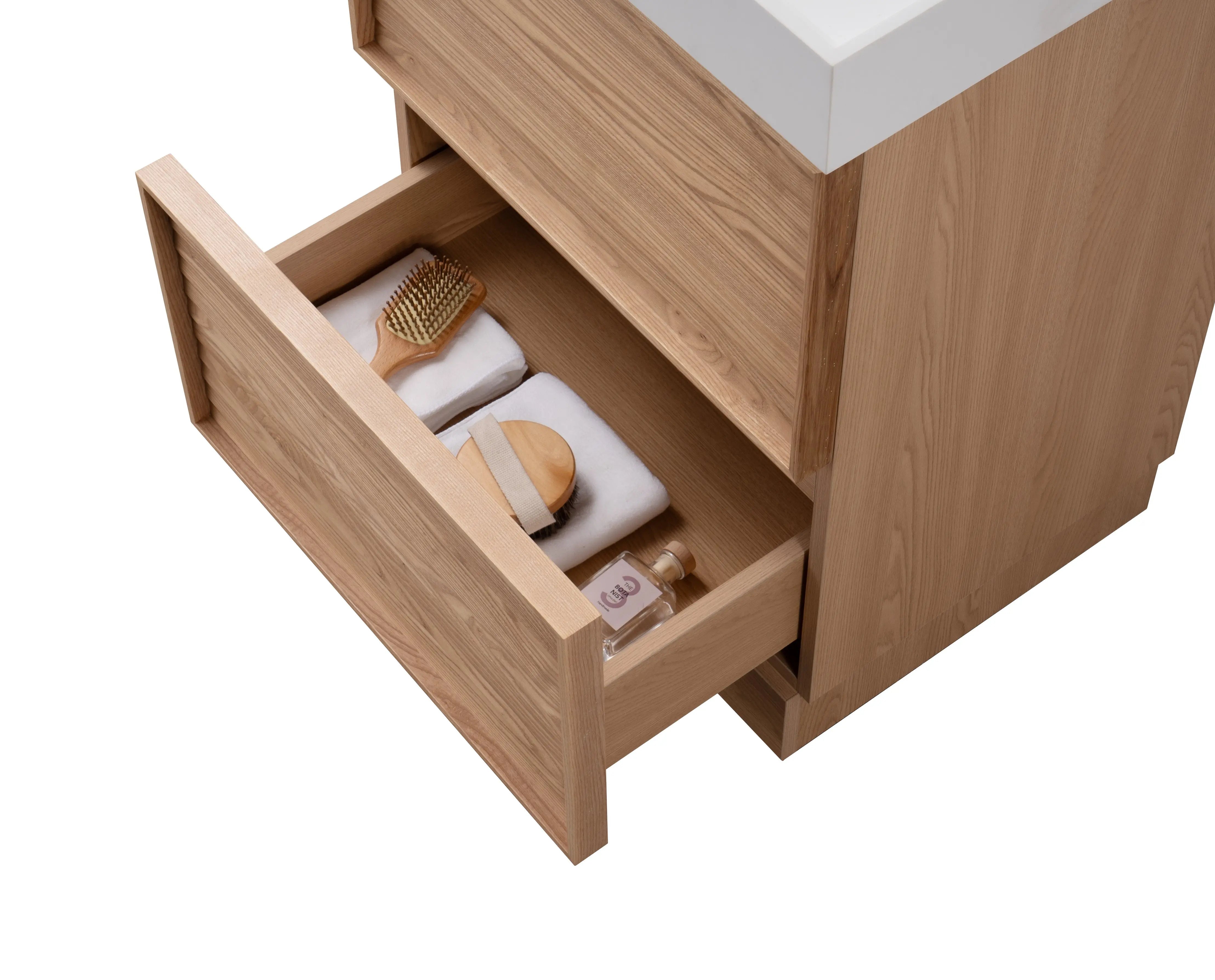 Nara 23.5 Natural Oak Cabinet, Solid Surface ORUS Infinity Sink, Freestanding Modern Vanity Set