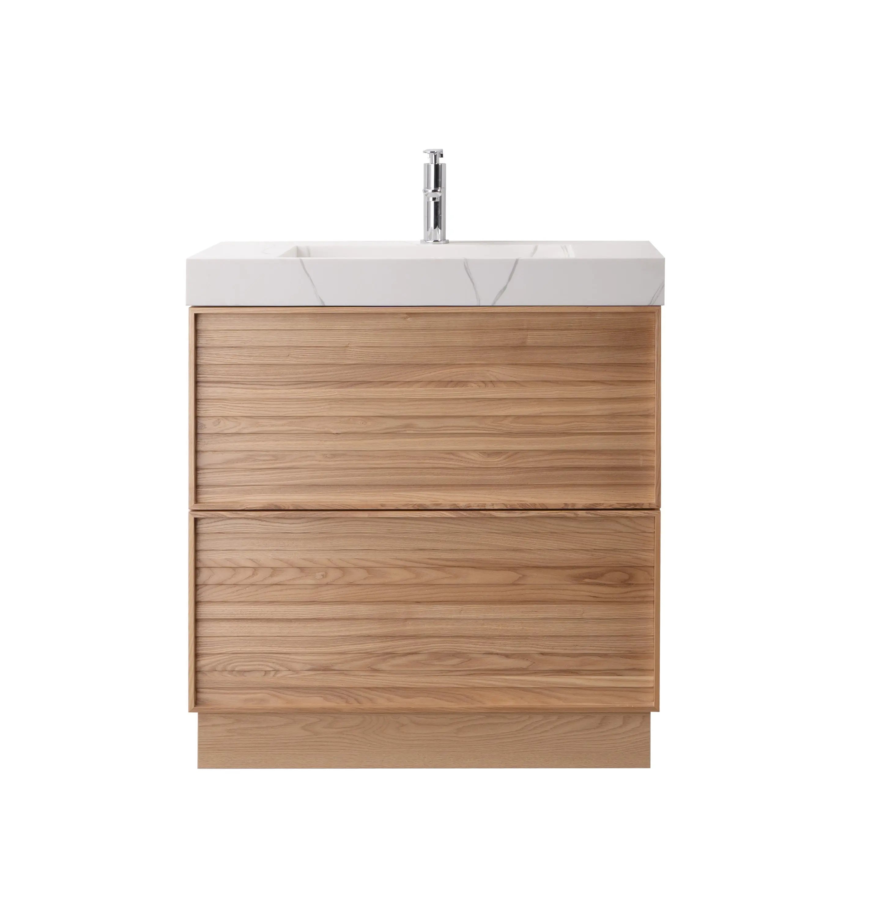 Nara 31.5 Single Natural Oak Cabinet, Solid Surface CARRARA Infinity Sink, Freestanding Modern Vanity Set (Copy)