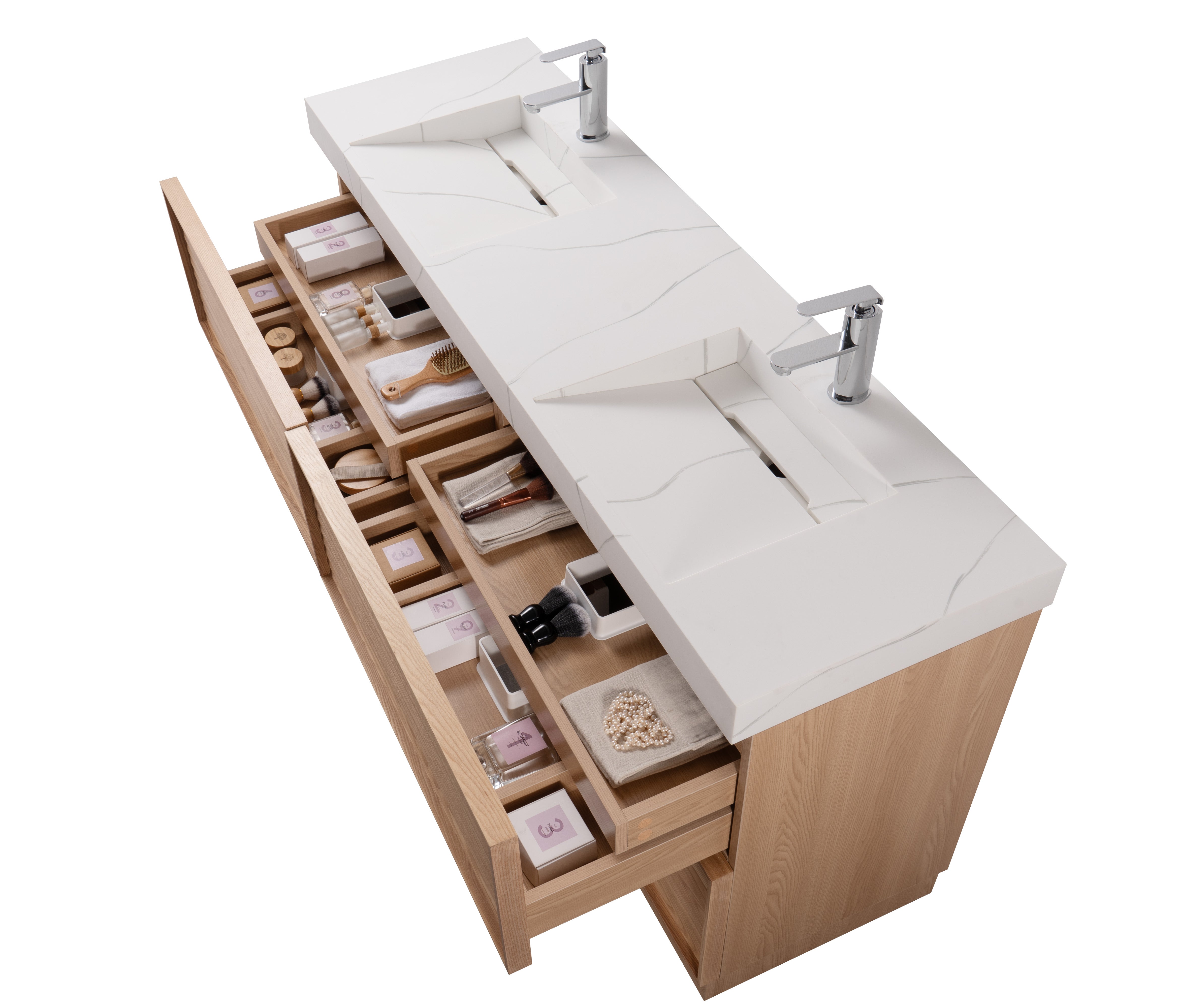 Nara 63" Double Natural Oak Cabinet, Solid Surface CARRARA Infinity Sink, Freestanding Modern Vanity Set (Copy)