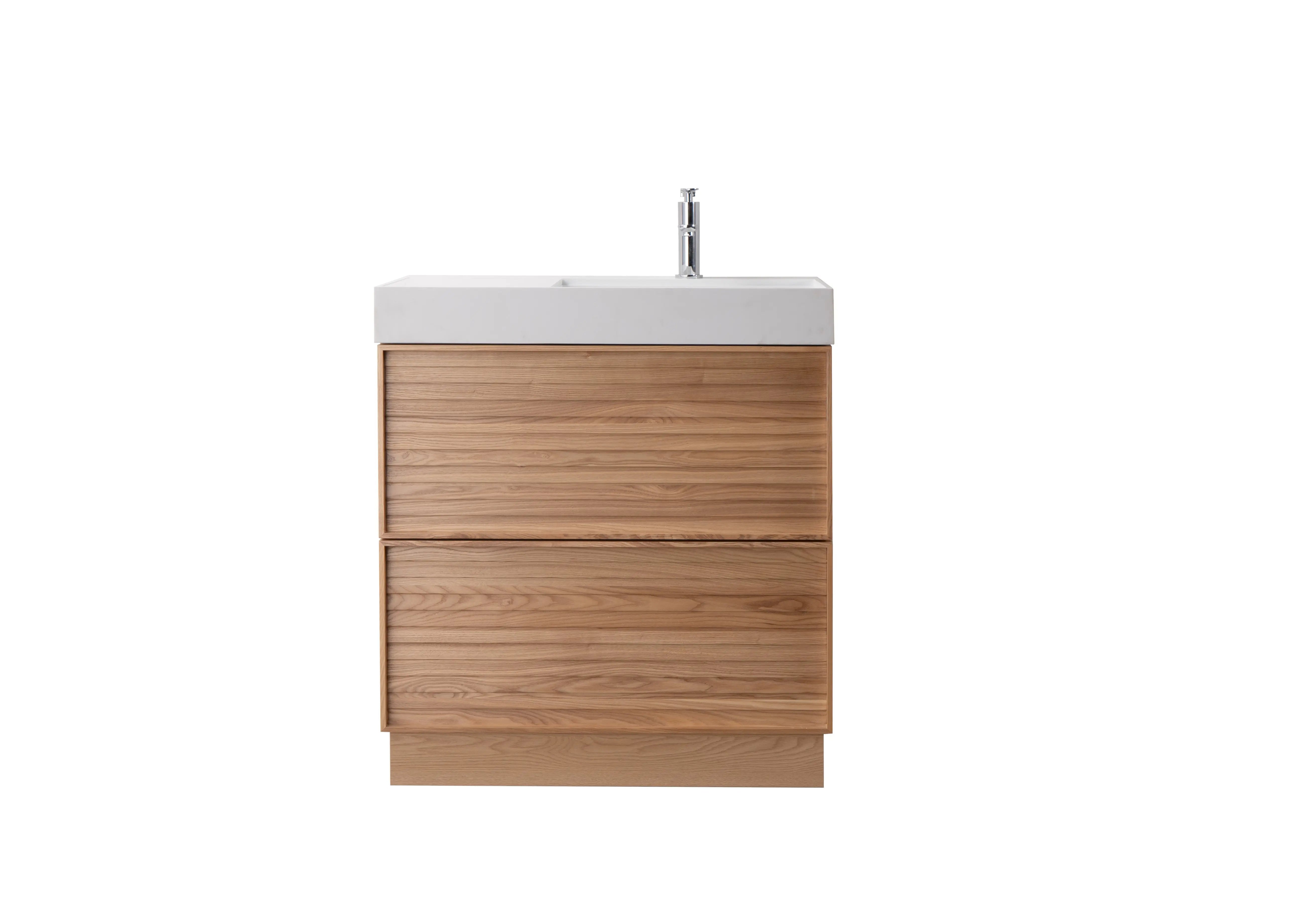Nara 31.5 Natural Oak Cabinet, Solid Surface ORUS Infinity Sink, Freestanding Modern Vanity Set