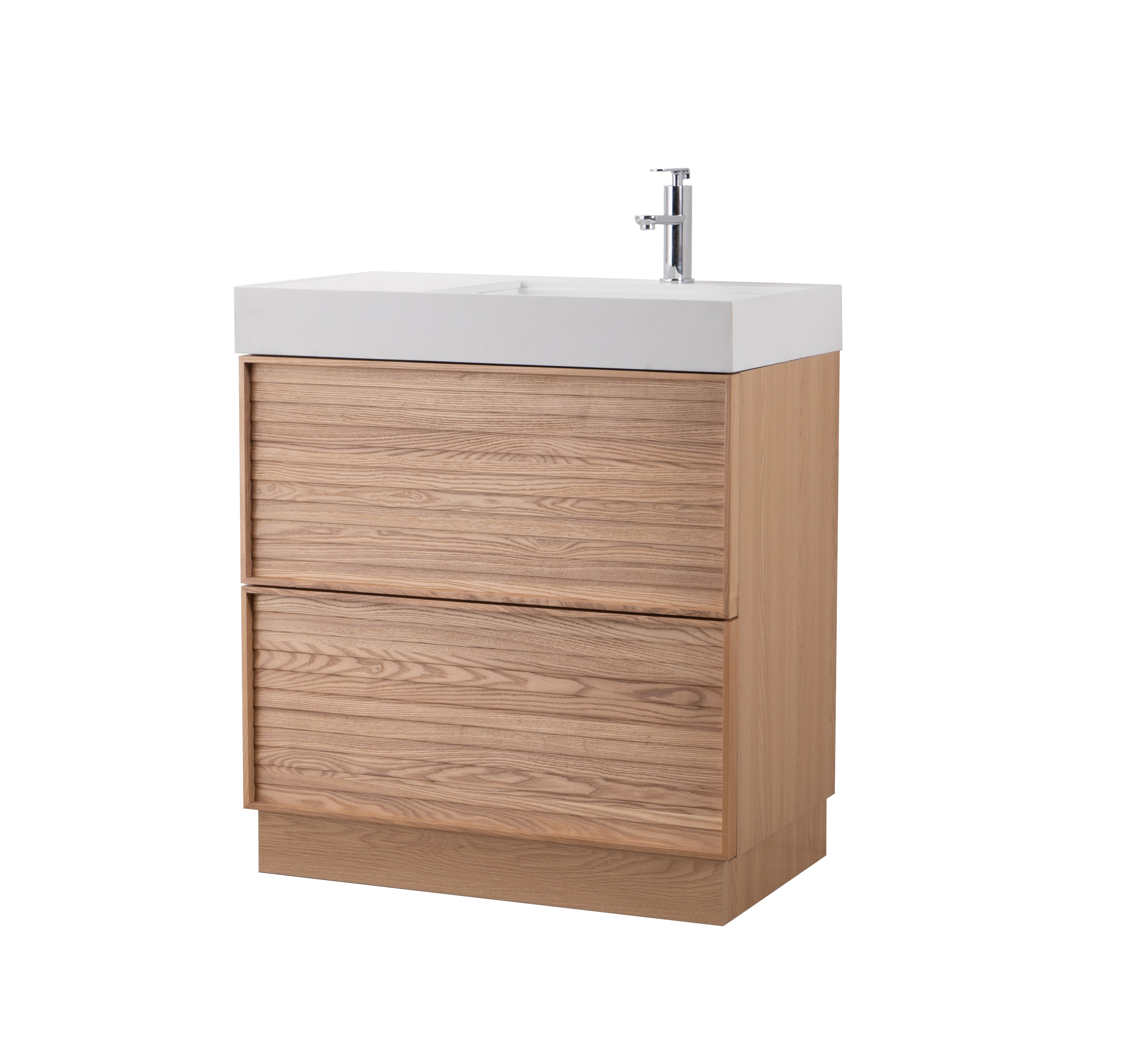 Nara 31.5 Natural Oak Cabinet, Solid Surface ORUS Infinity Sink, Freestanding Modern Vanity Set