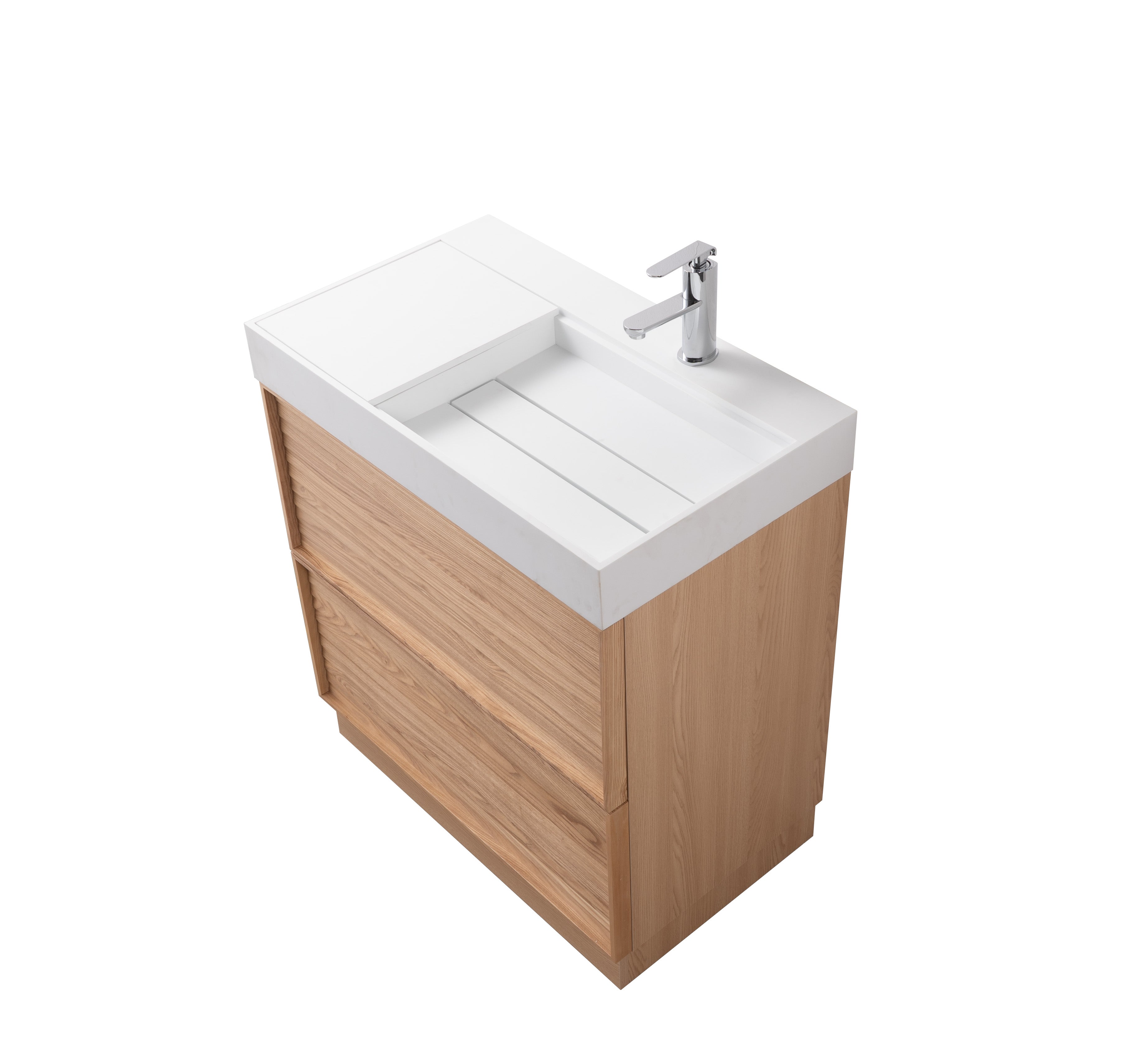 Nara 31.5 Natural Oak Cabinet, Solid Surface ORUS Infinity Sink, Freestanding Modern Vanity Set
