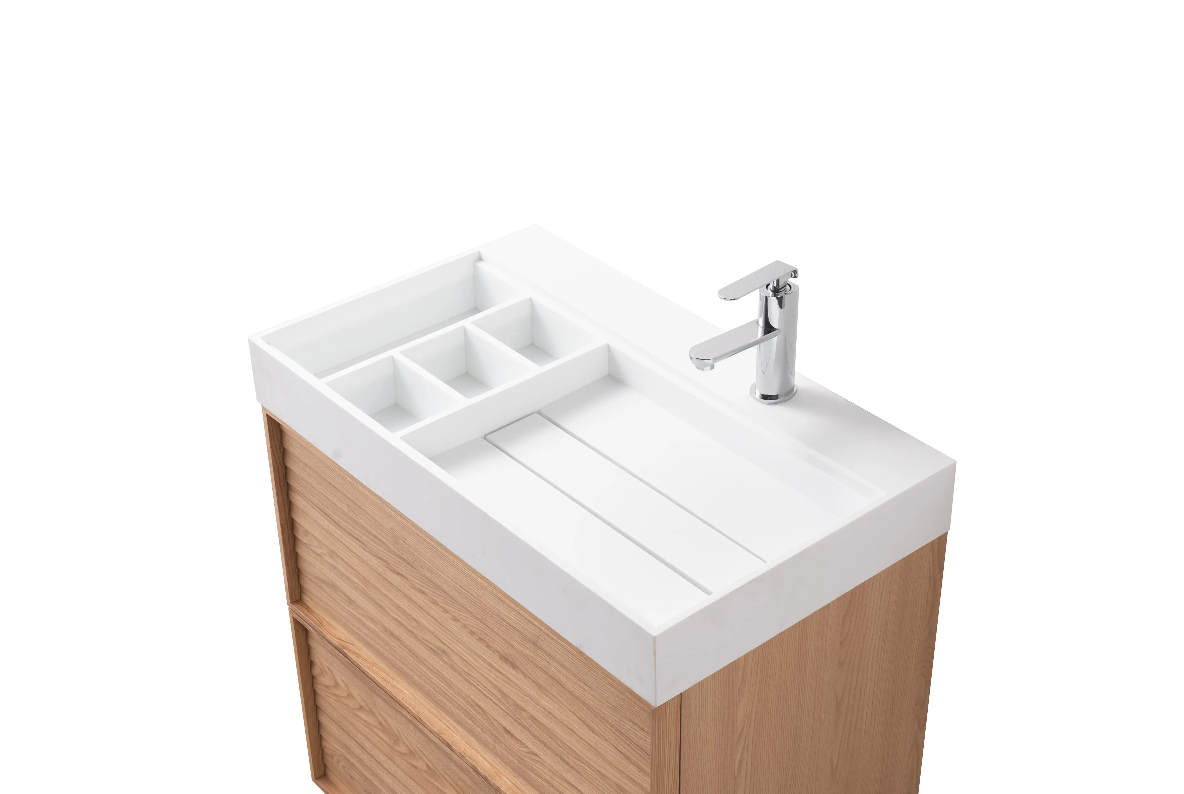 Nara 31.5 Natural Oak Cabinet, Solid Surface ORUS Infinity Sink, Freestanding Modern Vanity Set