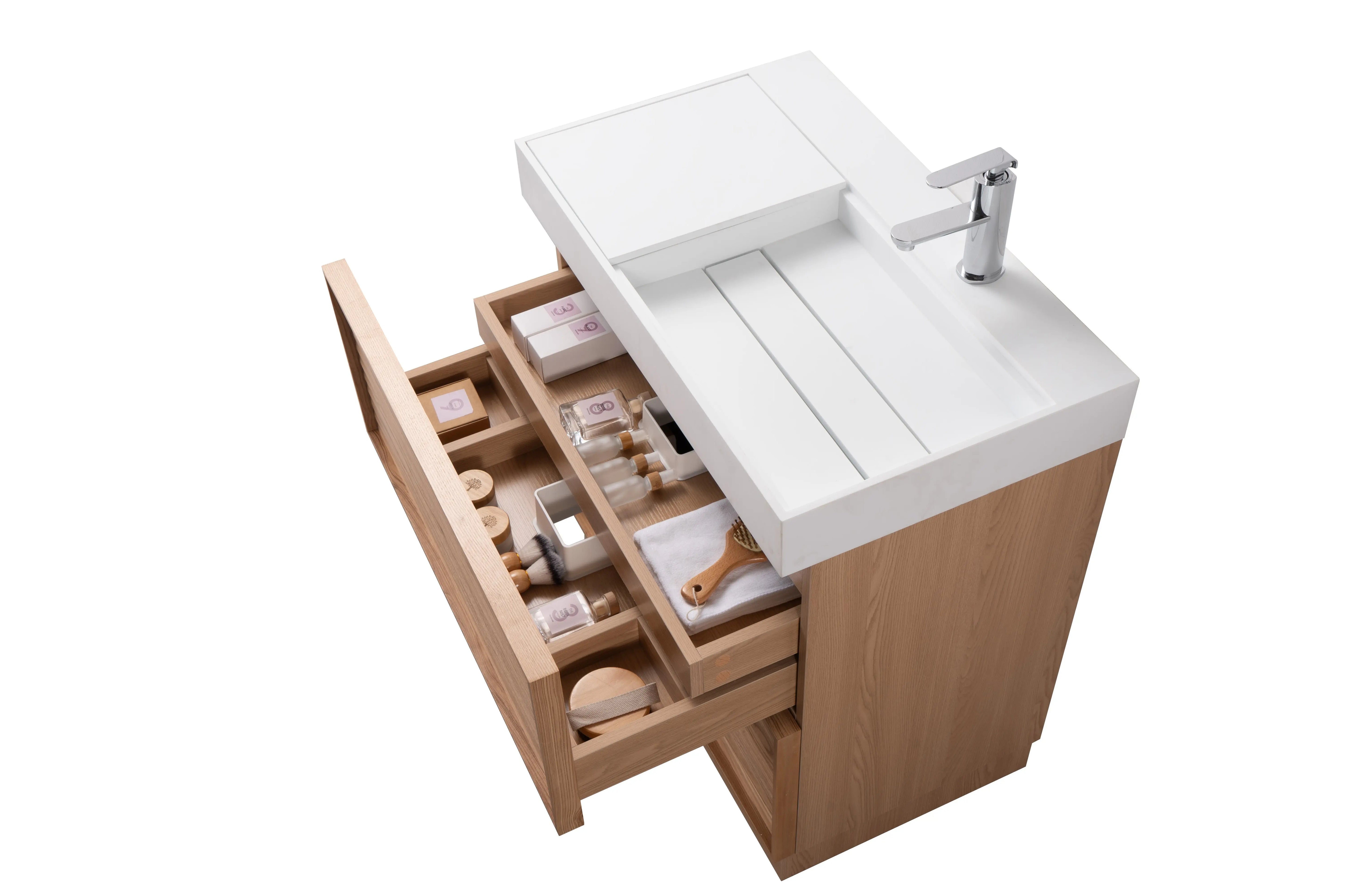 Nara 31.5 Natural Oak Cabinet, Solid Surface ORUS Infinity Sink, Freestanding Modern Vanity Set