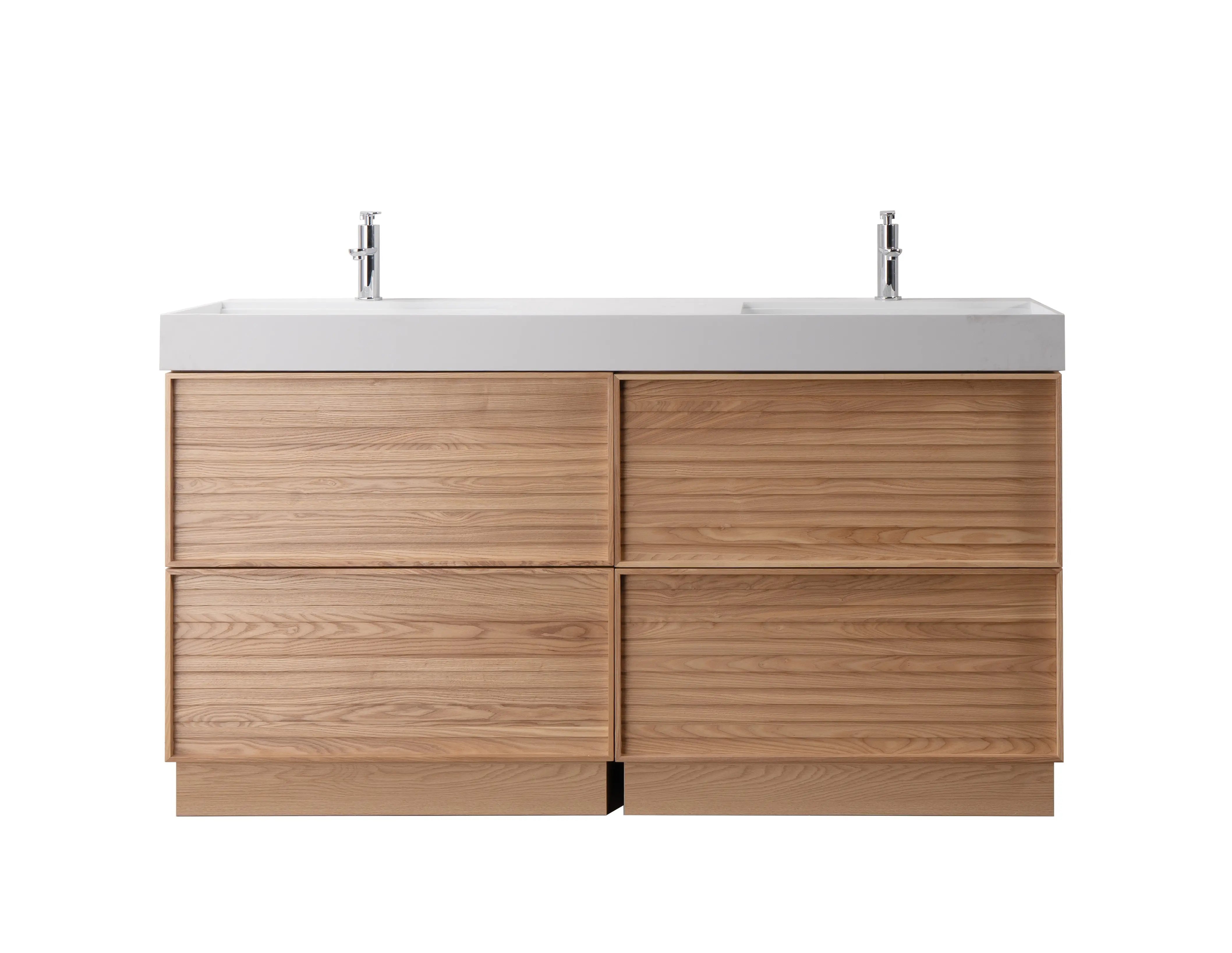 Nara 63" Double Natural Oak Cabinet, Solid Surface ORUS Infinity Sink, Freestanding Modern Vanity Set