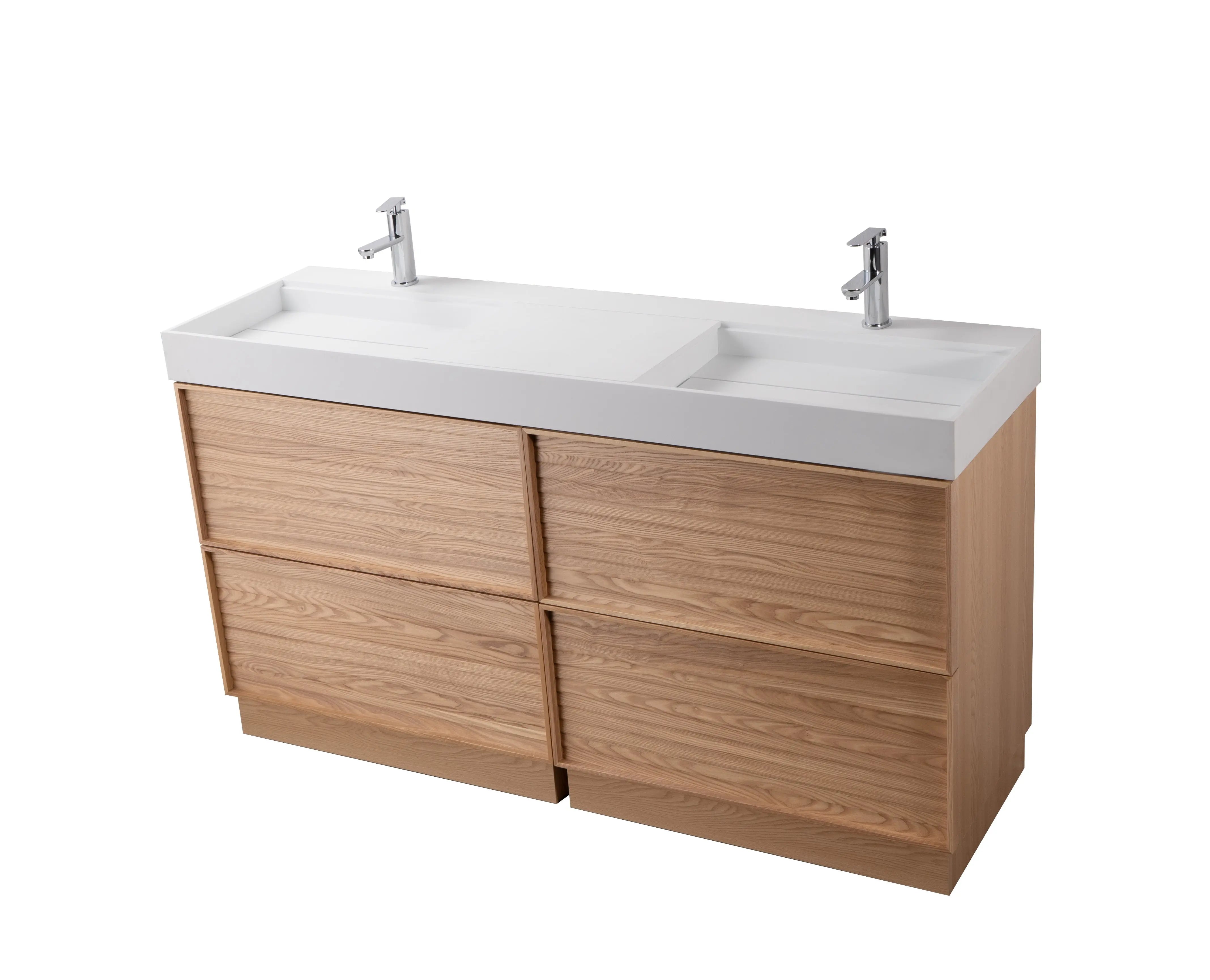 Nara 63" Double Natural Oak Cabinet, Solid Surface ORUS Infinity Sink, Freestanding Modern Vanity Set