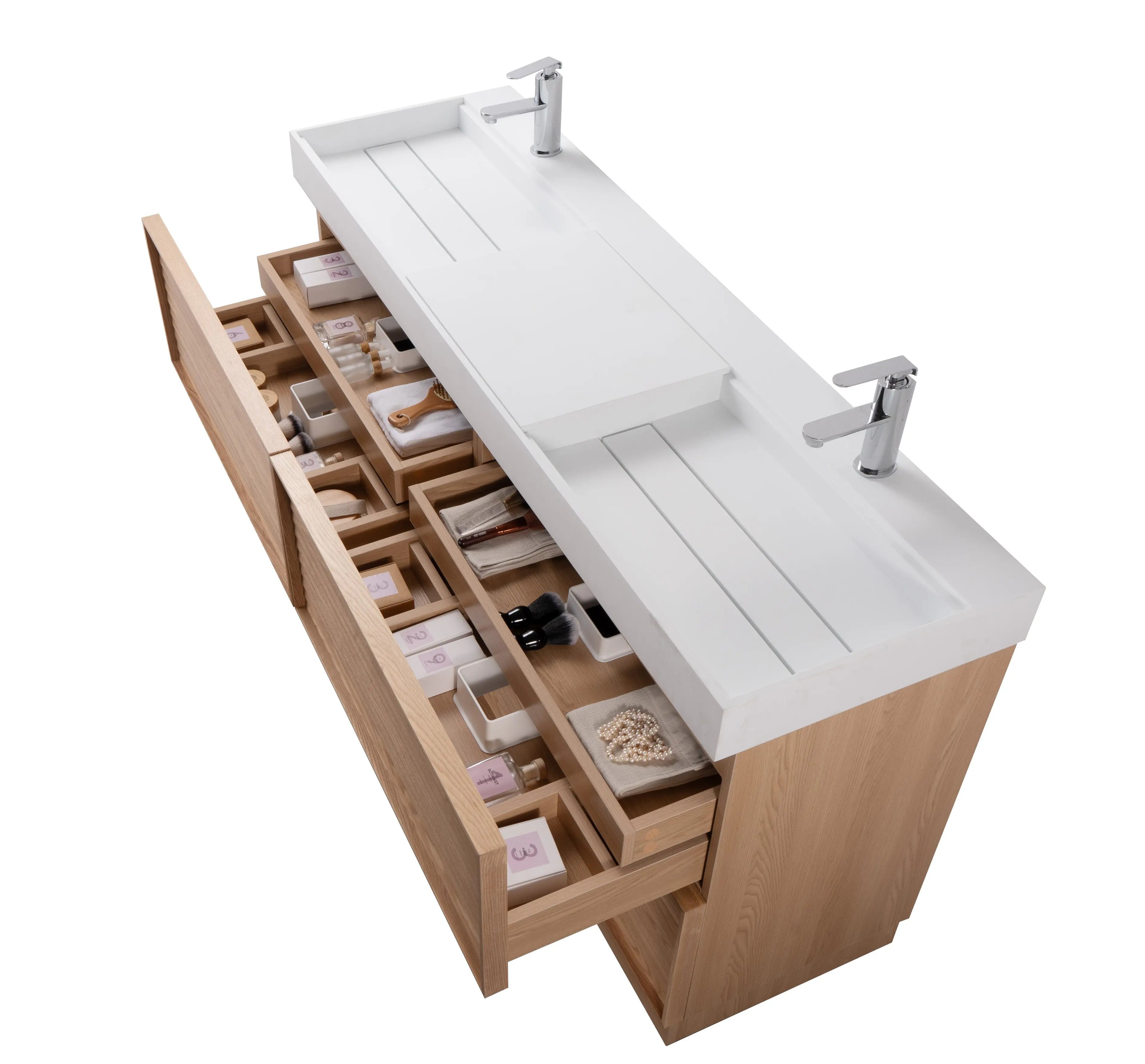 Nara 63" Double Natural Oak Cabinet, Solid Surface ORUS Infinity Sink, Freestanding Modern Vanity Set