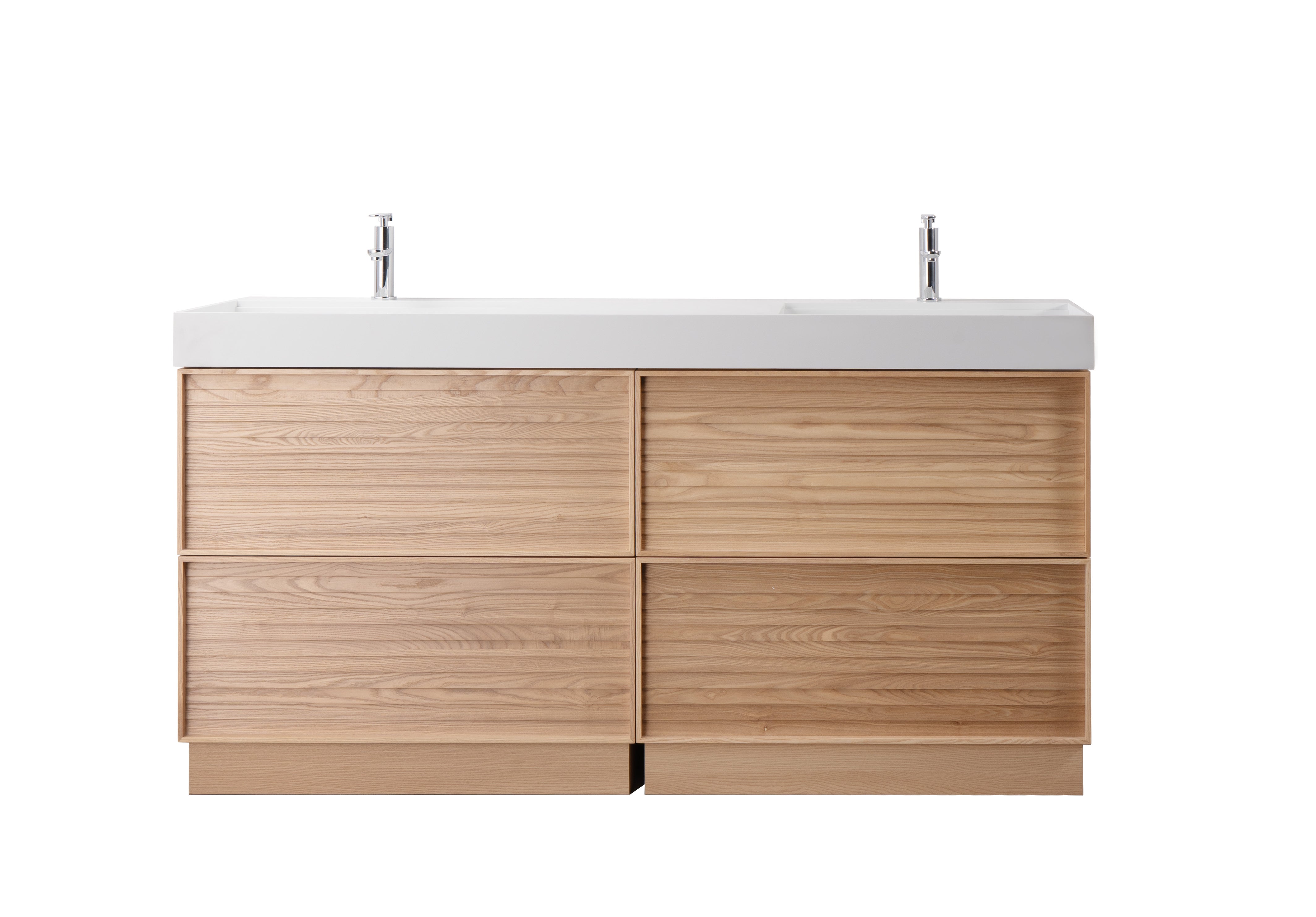 Nara 72" Double Natural Oak Cabinet, Solid Surface ORUS Infinity Sink, Freestanding Modern Vanity Set