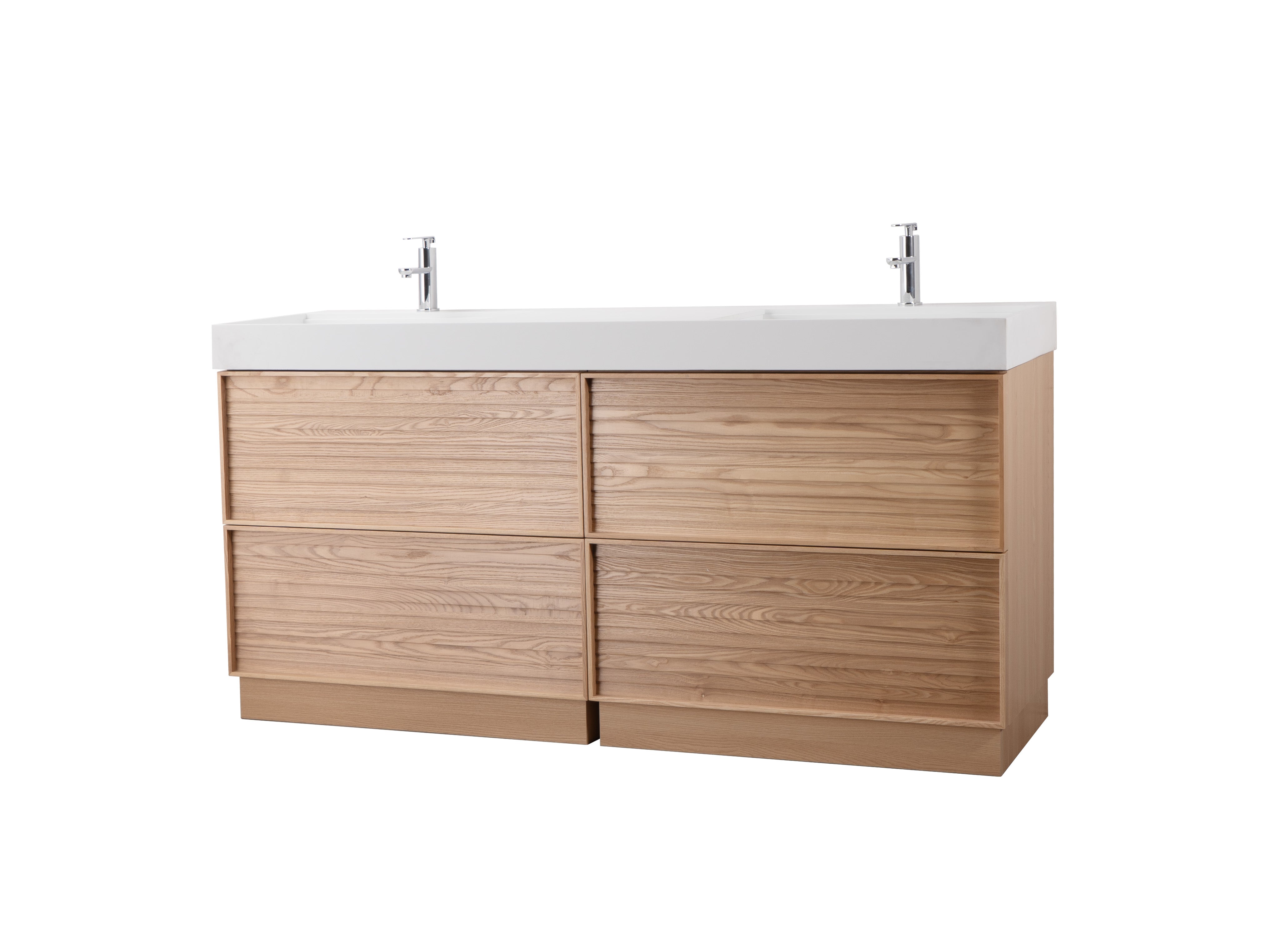 Nara 72" Double Natural Oak Cabinet, Solid Surface ORUS Infinity Sink, Freestanding Modern Vanity Set