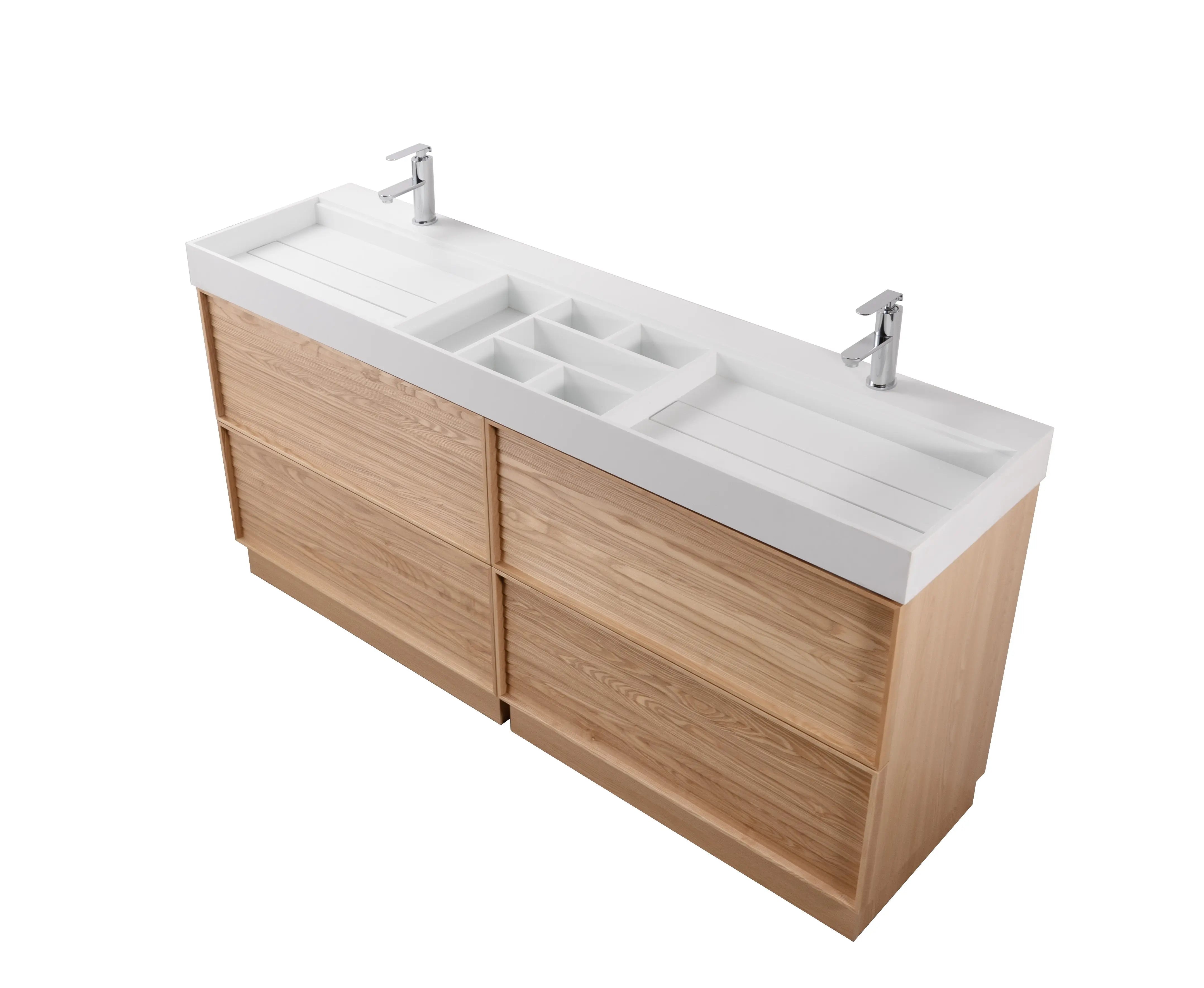 Nara 72" Double Natural Oak Cabinet, Solid Surface ORUS Infinity Sink, Freestanding Modern Vanity Set