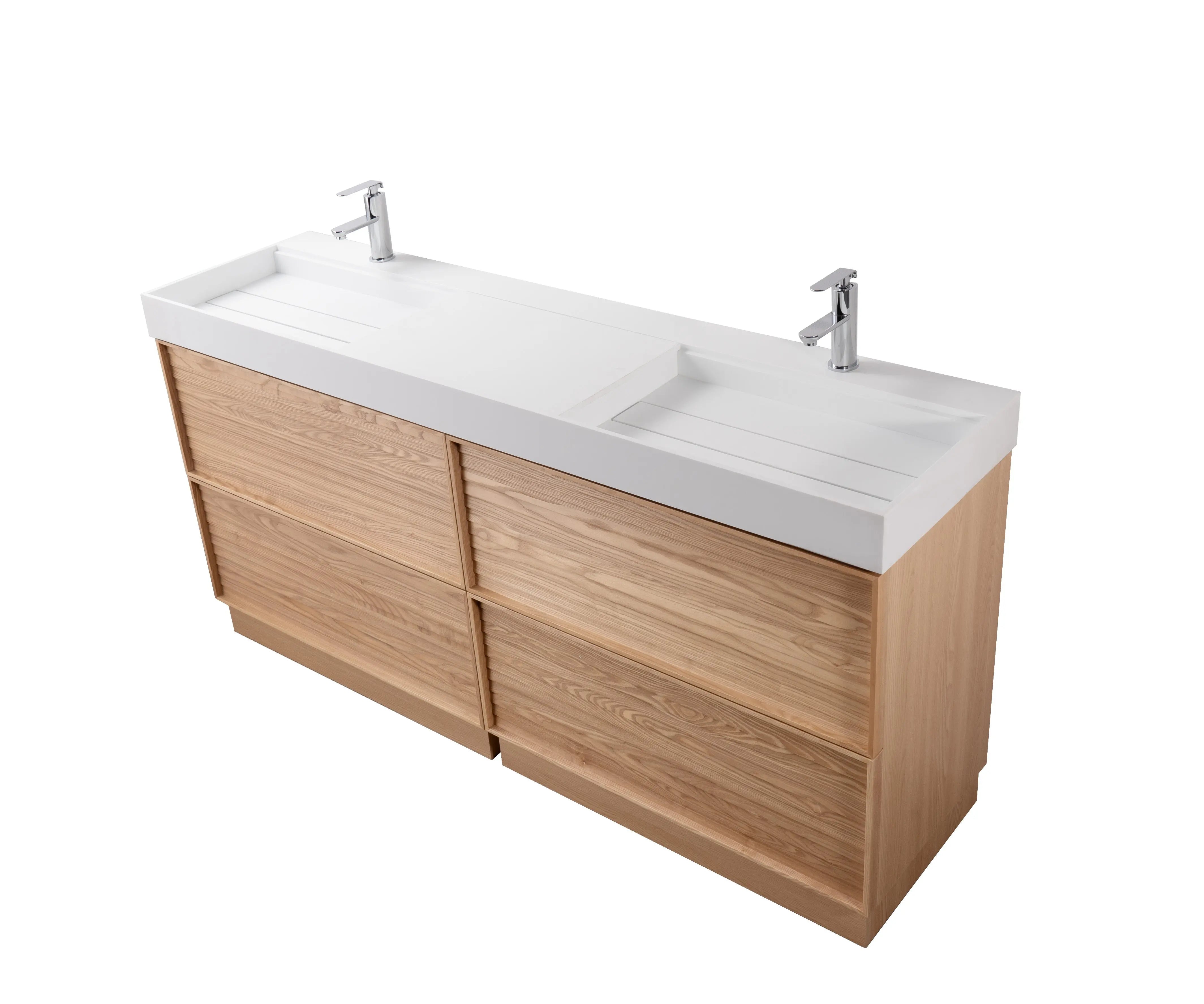 Nara 72" Double Natural Oak Cabinet, Solid Surface ORUS Infinity Sink, Freestanding Modern Vanity Set