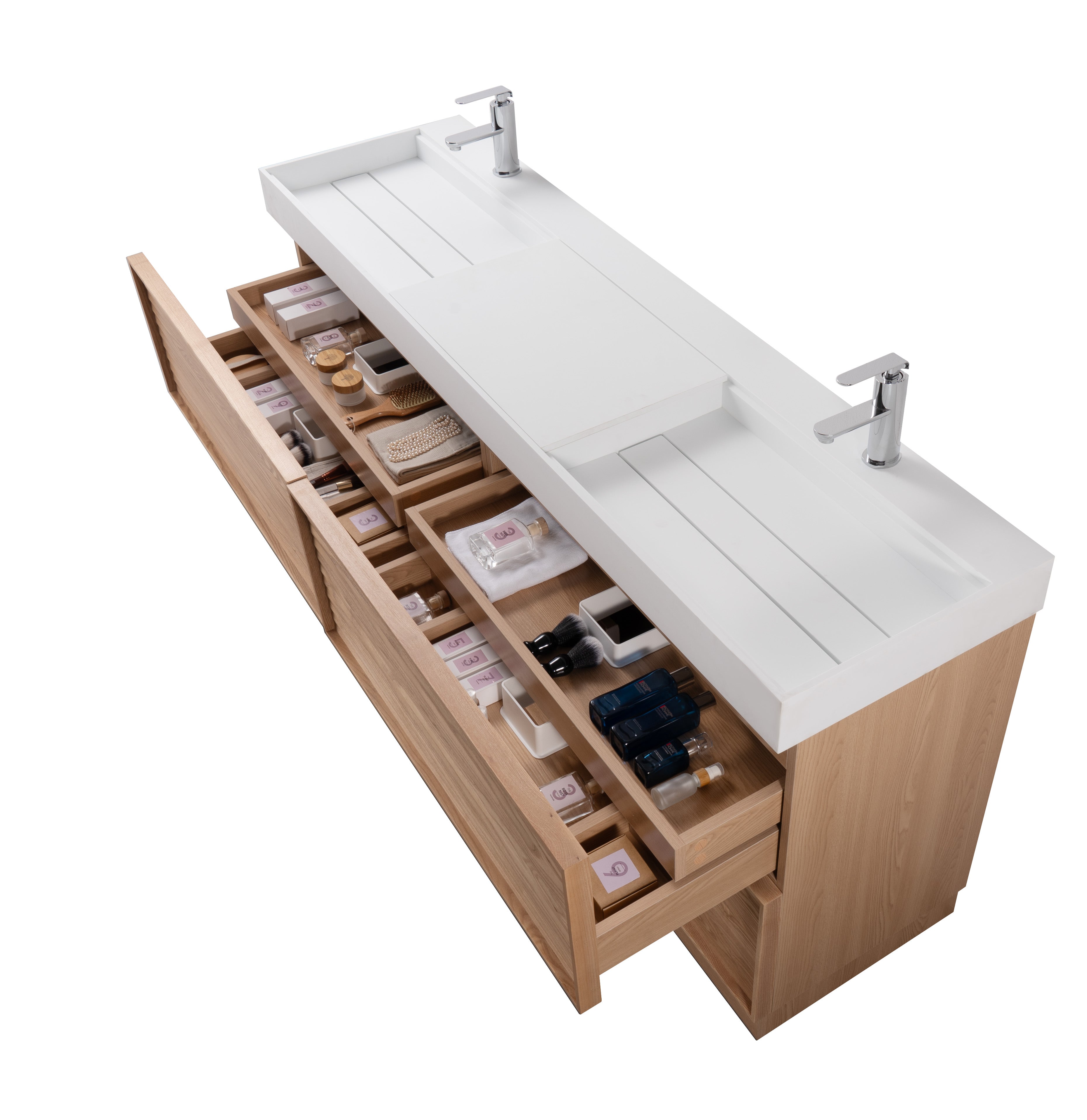 Nara 72" Double Natural Oak Cabinet, Solid Surface ORUS Infinity Sink, Freestanding Modern Vanity Set