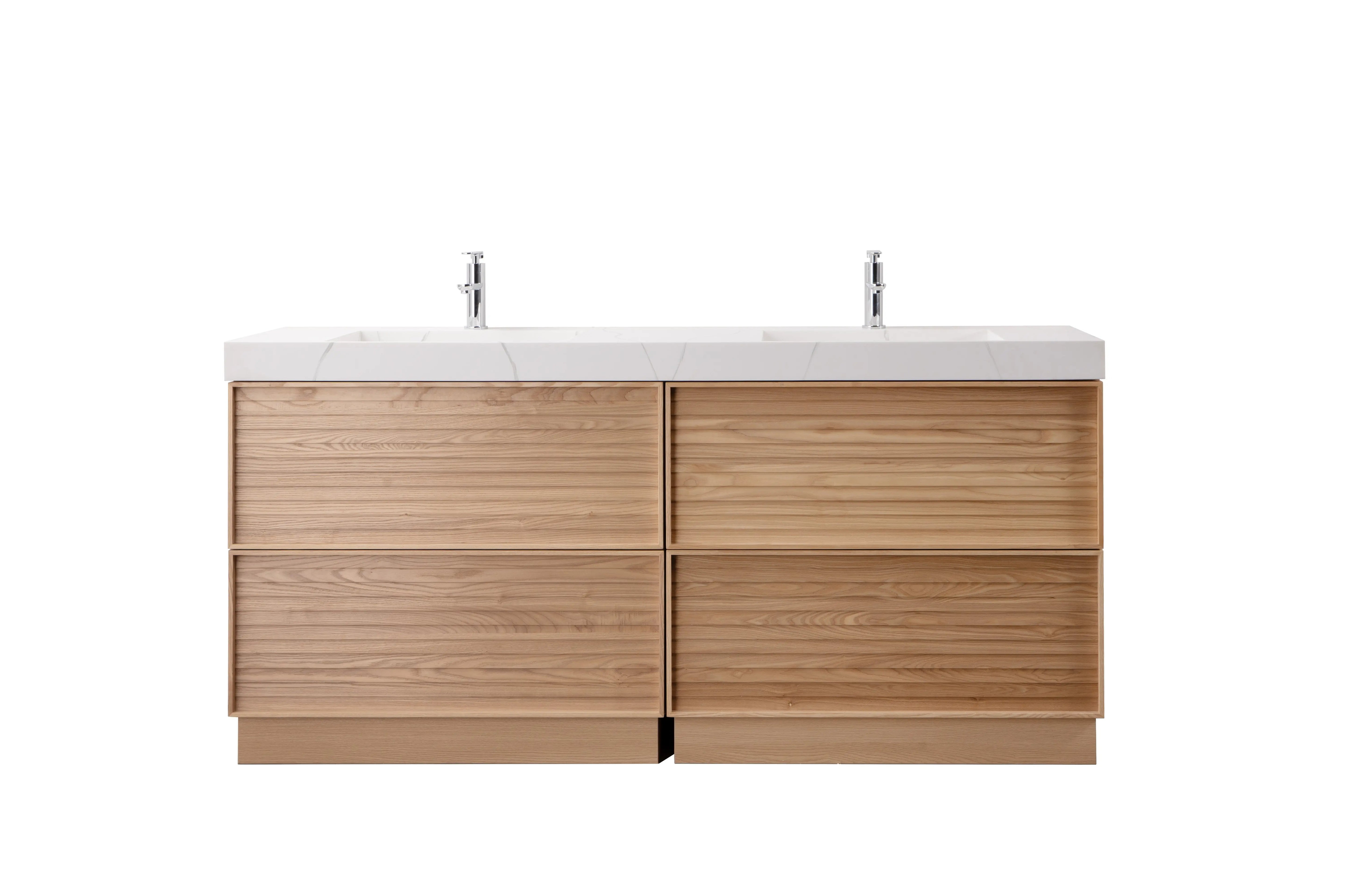 Nara 72" Double Natural Oak Cabinet, Solid Surface CARRARA Infinity Sink, Freestanding Modern Vanity Set