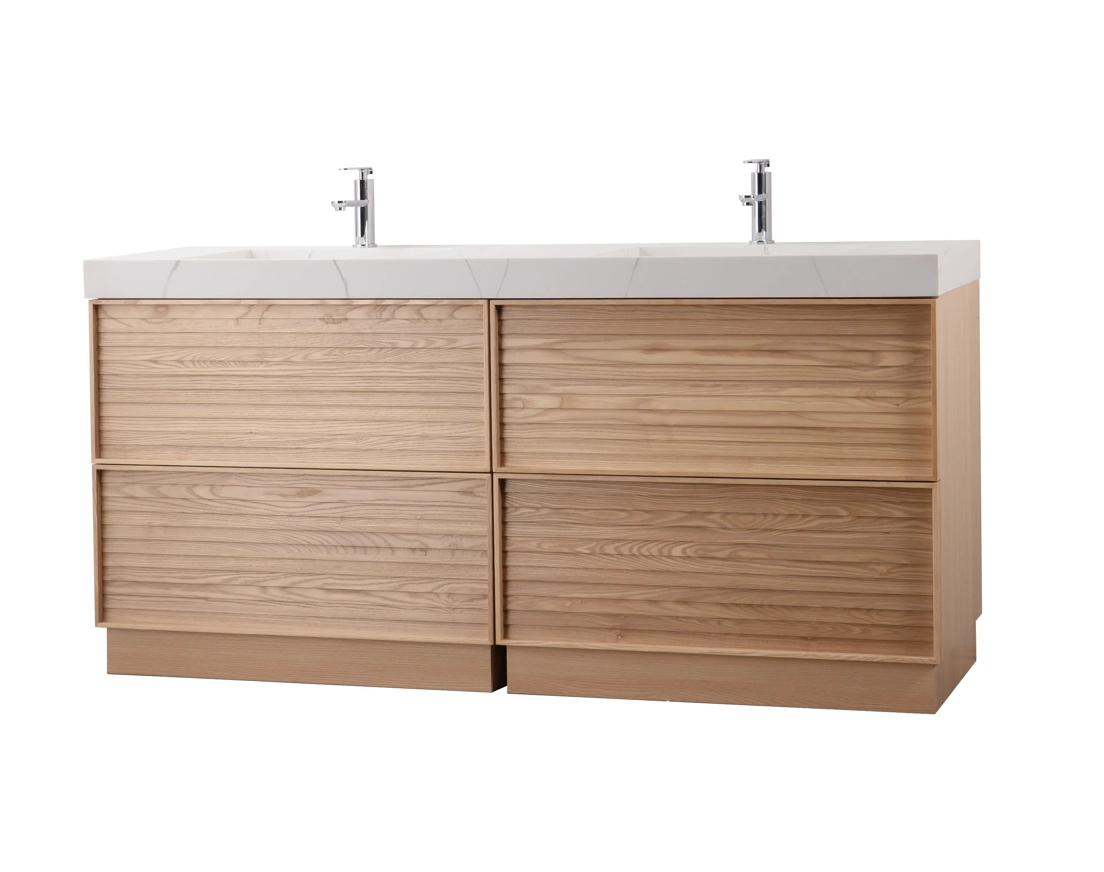Nara 72" Double Natural Oak Cabinet, Solid Surface CARRARA Infinity Sink, Freestanding Modern Vanity Set