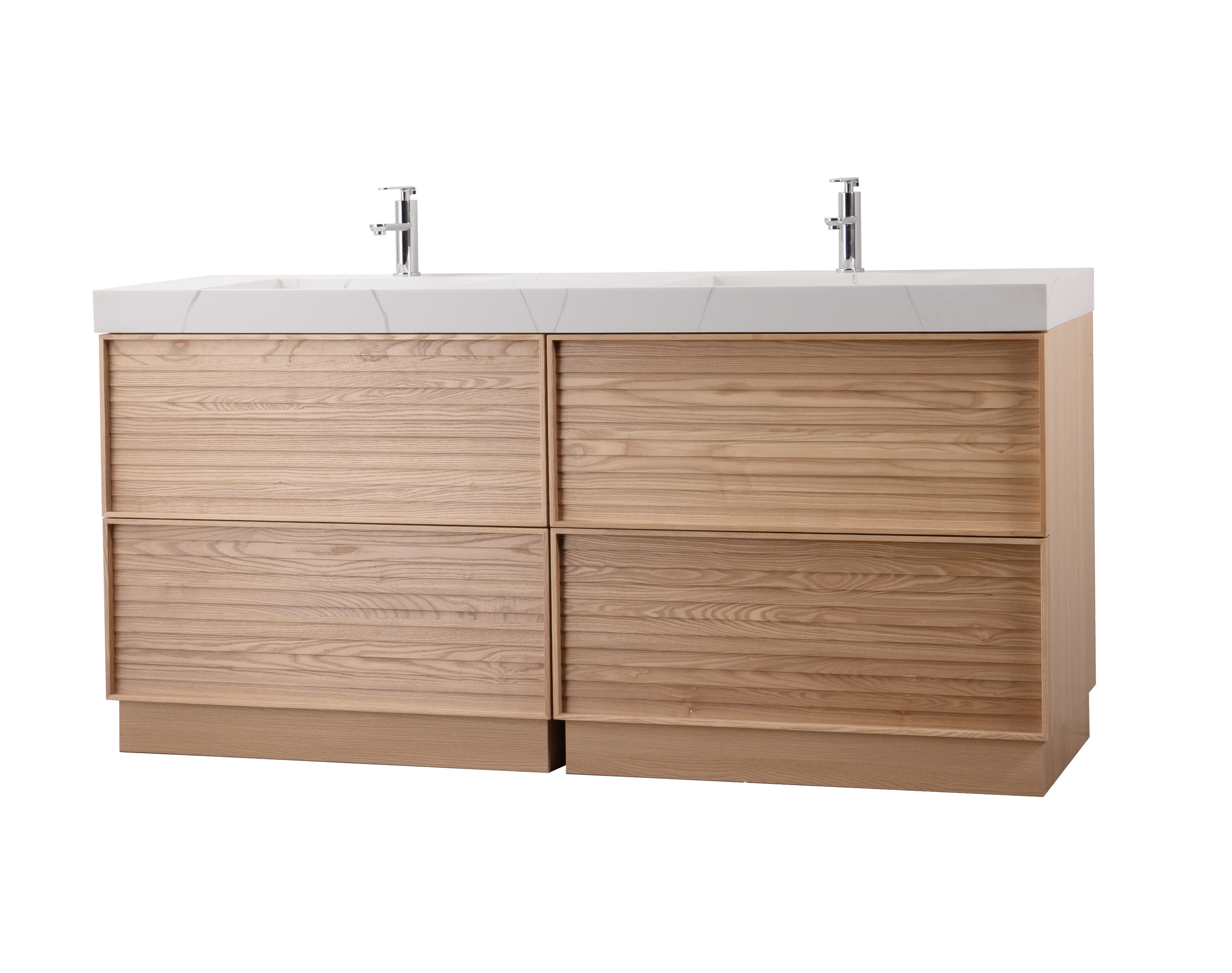 Nara 72" Double Natural Oak Cabinet, Solid Surface CARRARA Infinity Sink, Freestanding Modern Vanity Set