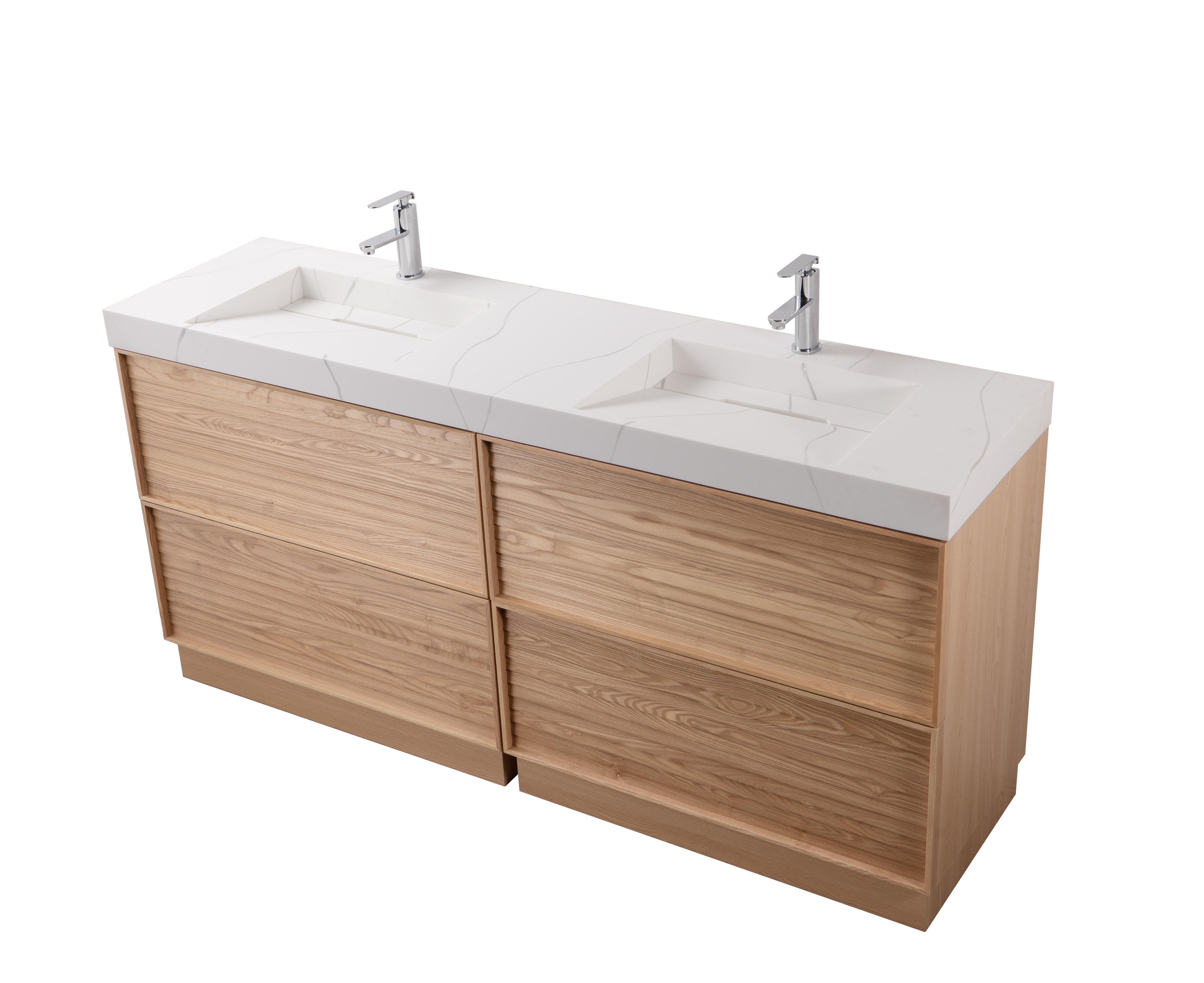 Nara 72" Double Natural Oak Cabinet, Solid Surface CARRARA Infinity Sink, Freestanding Modern Vanity Set