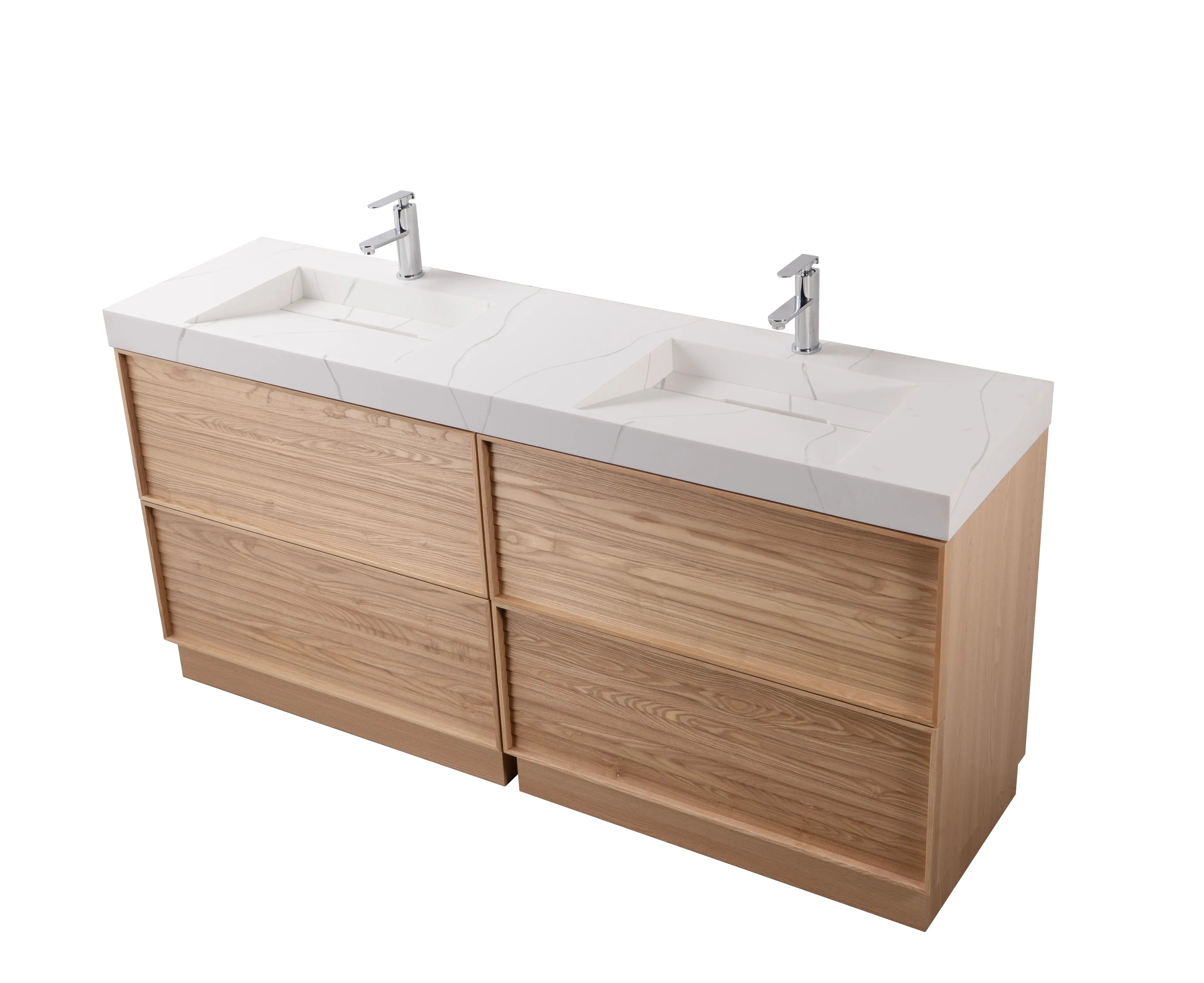 Nara 72" Double Natural Oak Cabinet, Solid Surface CARRARA Infinity Sink, Freestanding Modern Vanity Set