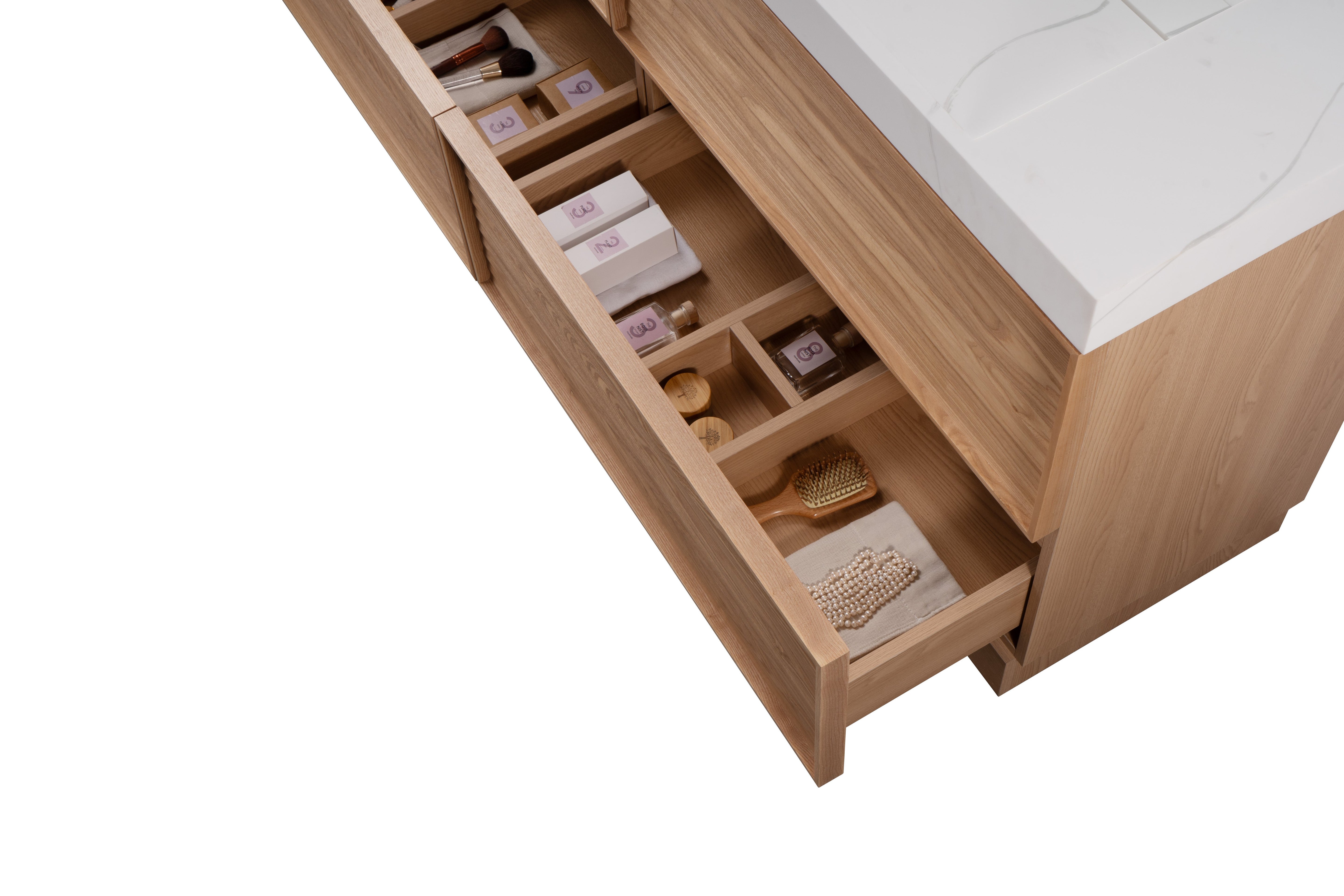 Nara 72" Double Natural Oak Cabinet, Solid Surface CARRARA Infinity Sink, Freestanding Modern Vanity Set