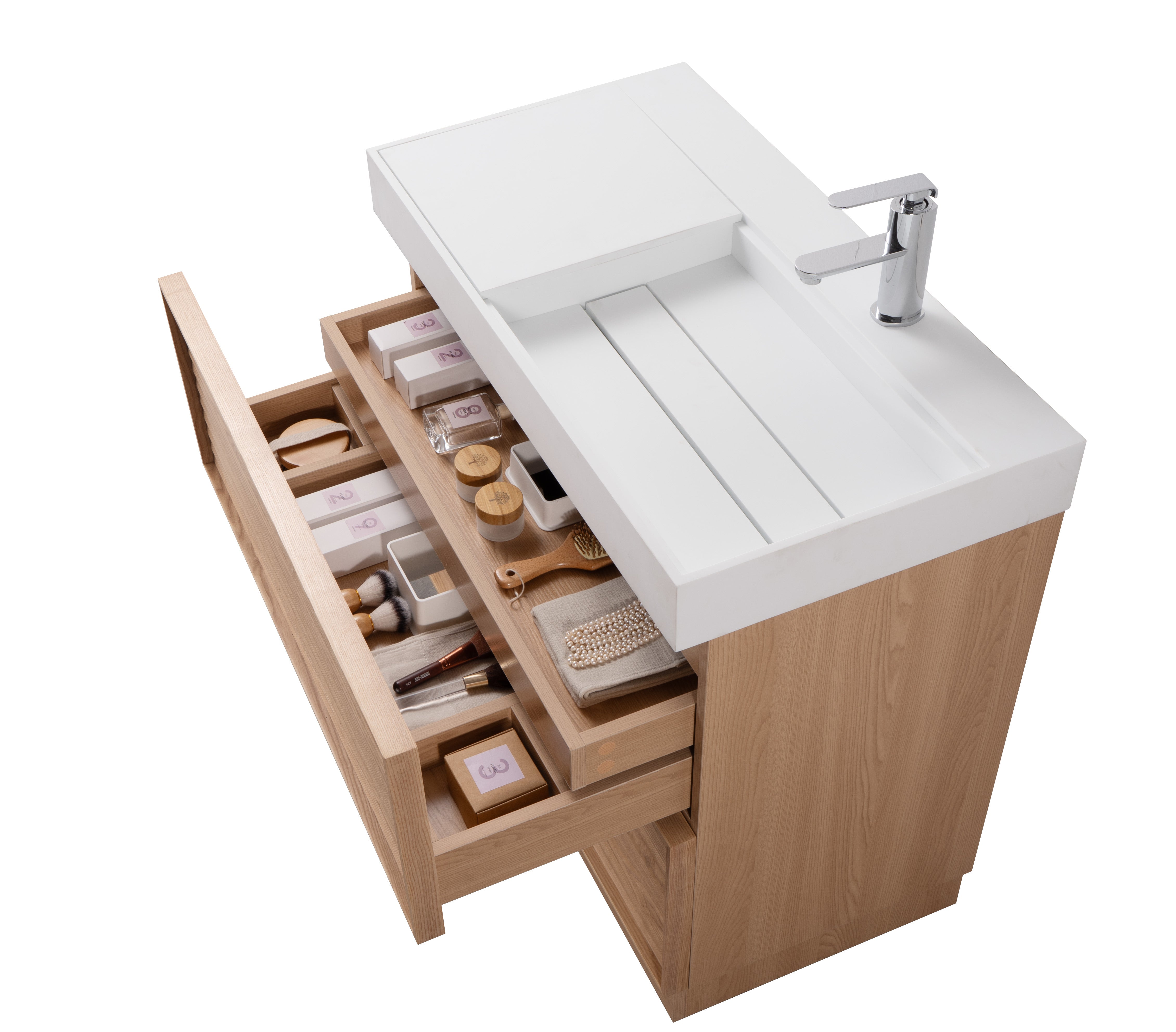 Nara 35.5 Natural Oak Cabinet, Solid Surface ORUS Infinity Sink, Freestanding Modern Vanity Set (Copy)