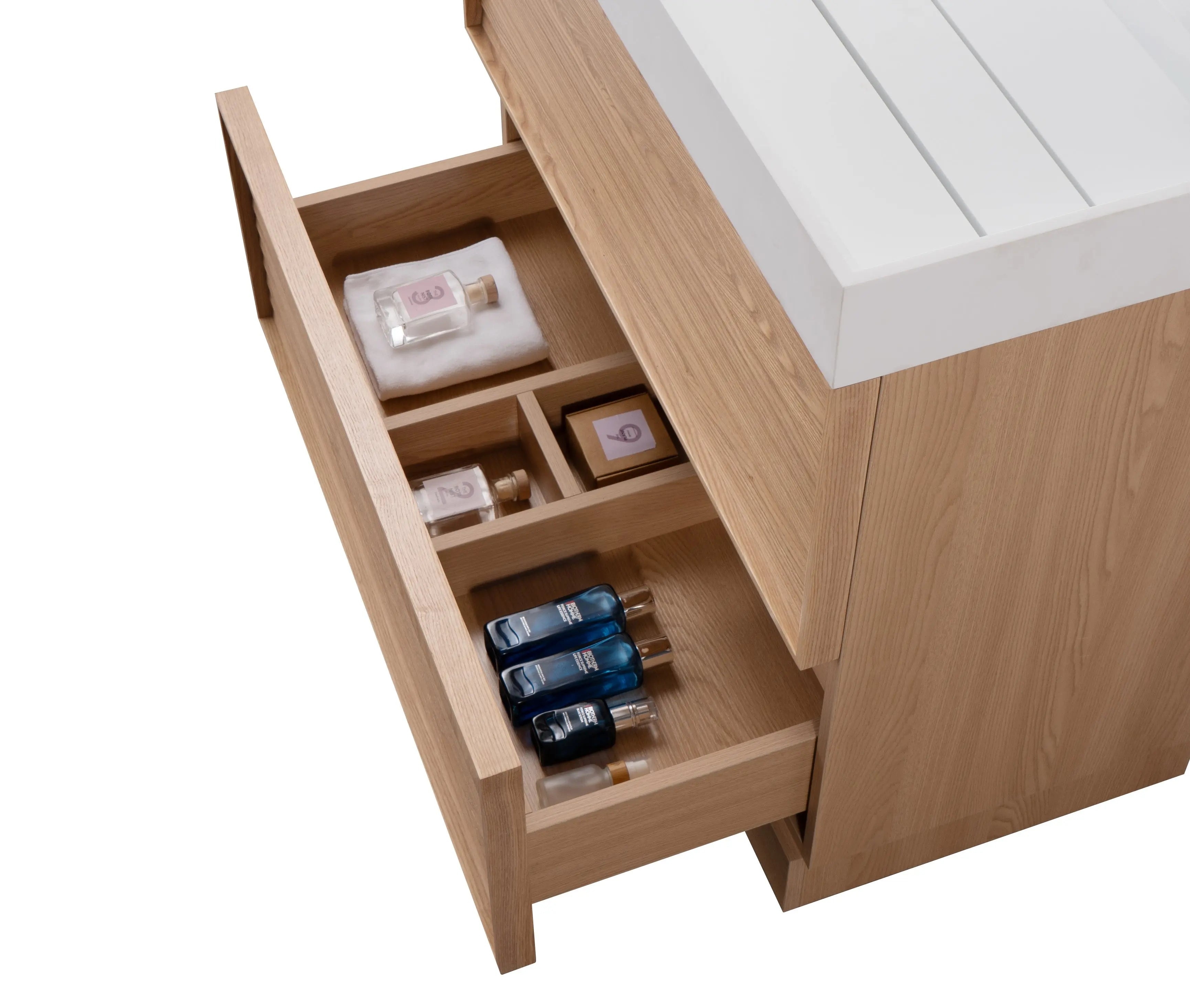Nara 35.5 Natural Oak Cabinet, Solid Surface ORUS Infinity Sink, Freestanding Modern Vanity Set