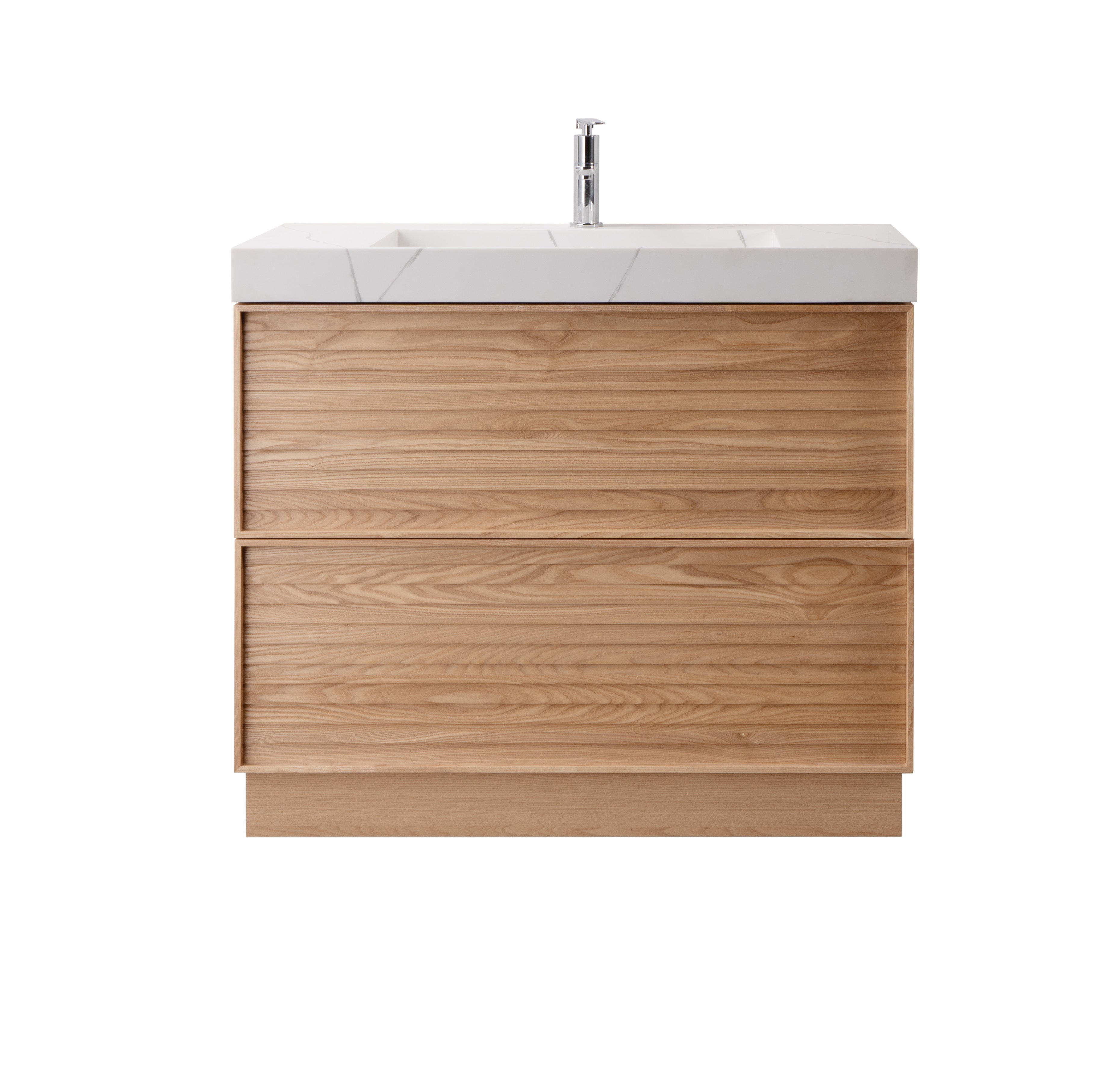 Nara 35.5 Single Natural Oak Cabinet, Solid Surface CARRARA Infinity Sink, Freestanding Modern Vanity Set
