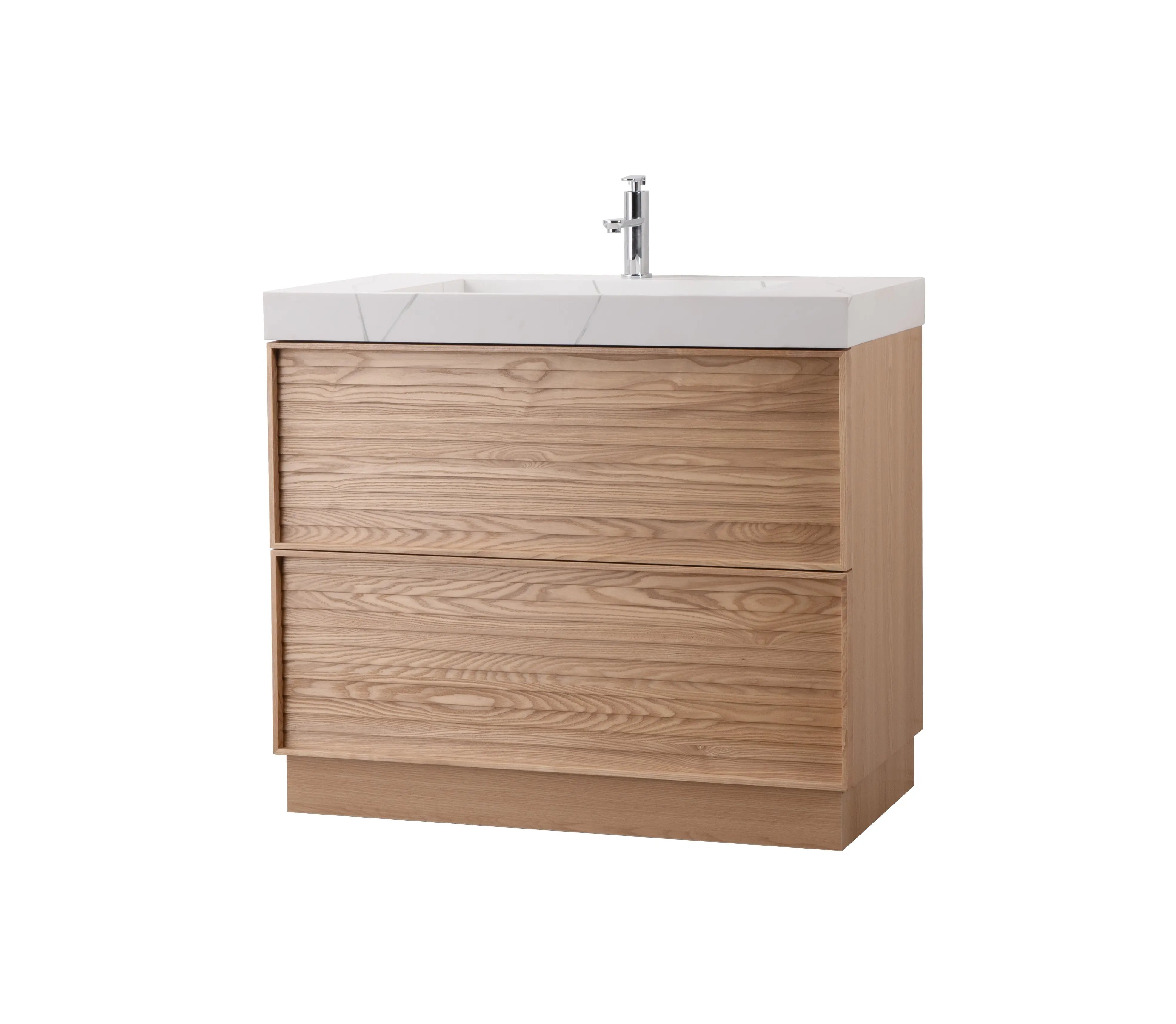 Nara 35.5 Single Natural Oak Cabinet, Solid Surface CARRARA Infinity Sink, Freestanding Modern Vanity Set