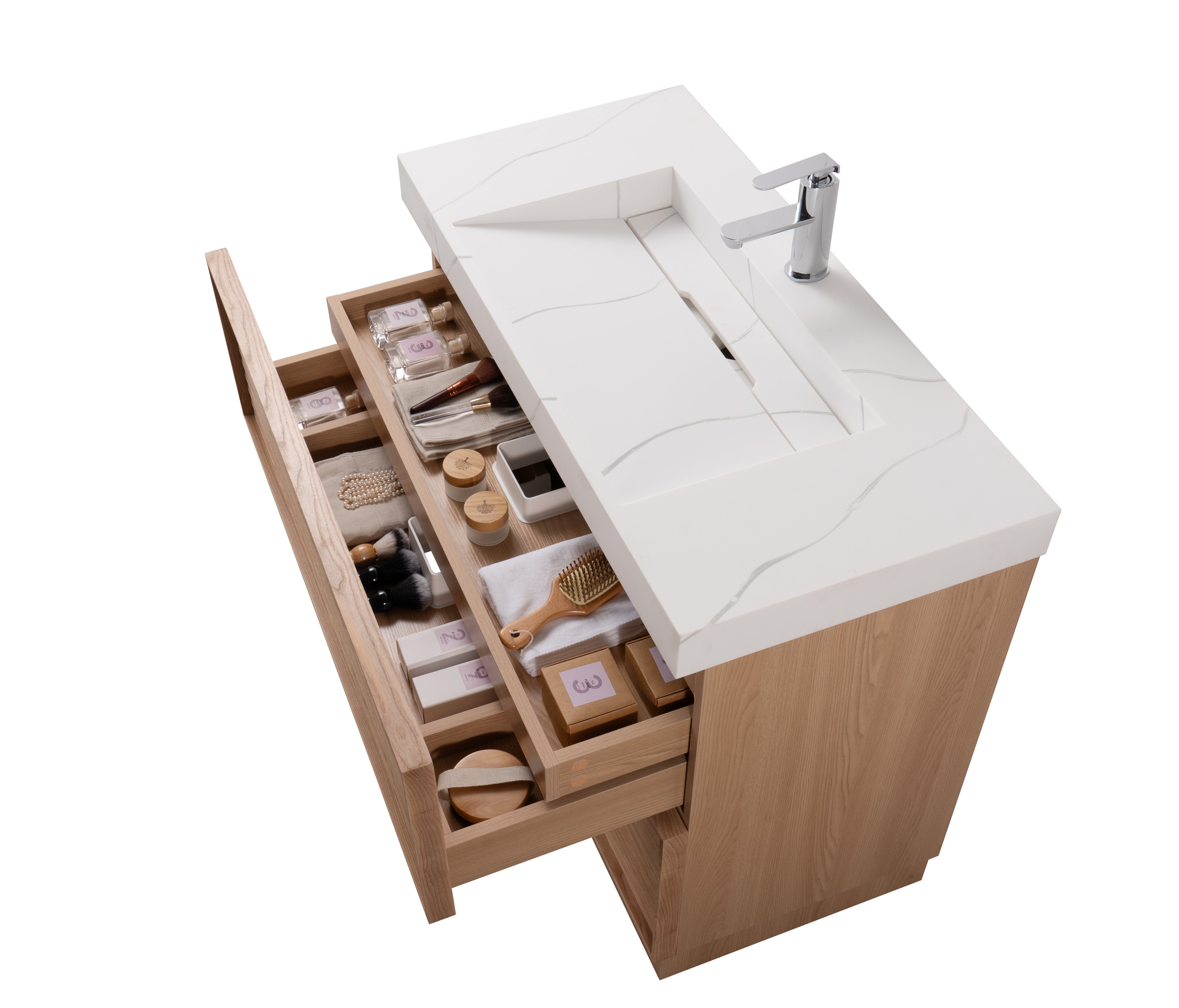 Nara 35.5 Single Natural Oak Cabinet, Solid Surface CARRARA Infinity Sink, Freestanding Modern Vanity Set