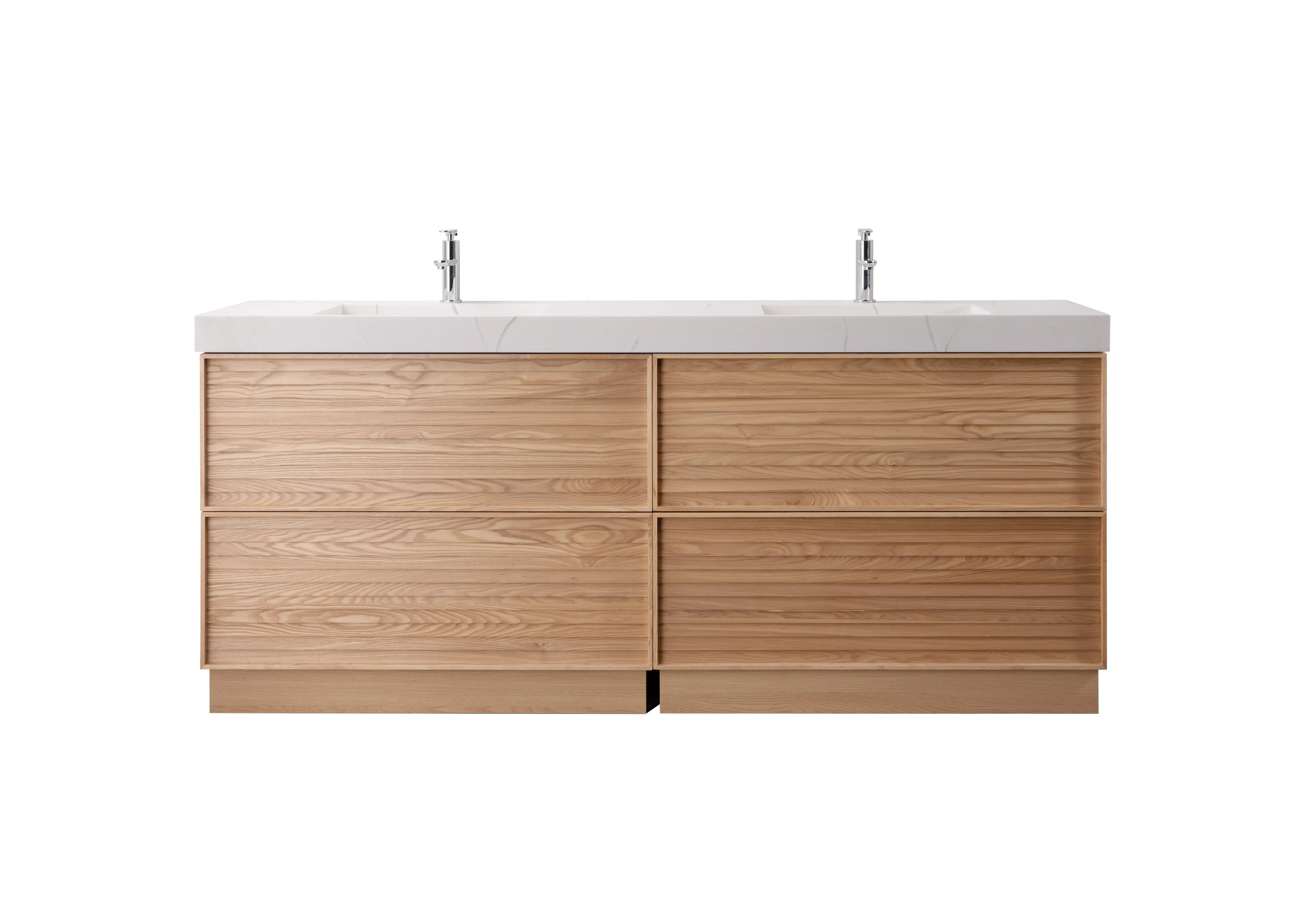 Nara 80" Double Natural Oak Cabinet, Solid Surface CARRARA Infinity Sink, Freestanding Modern Vanity Set