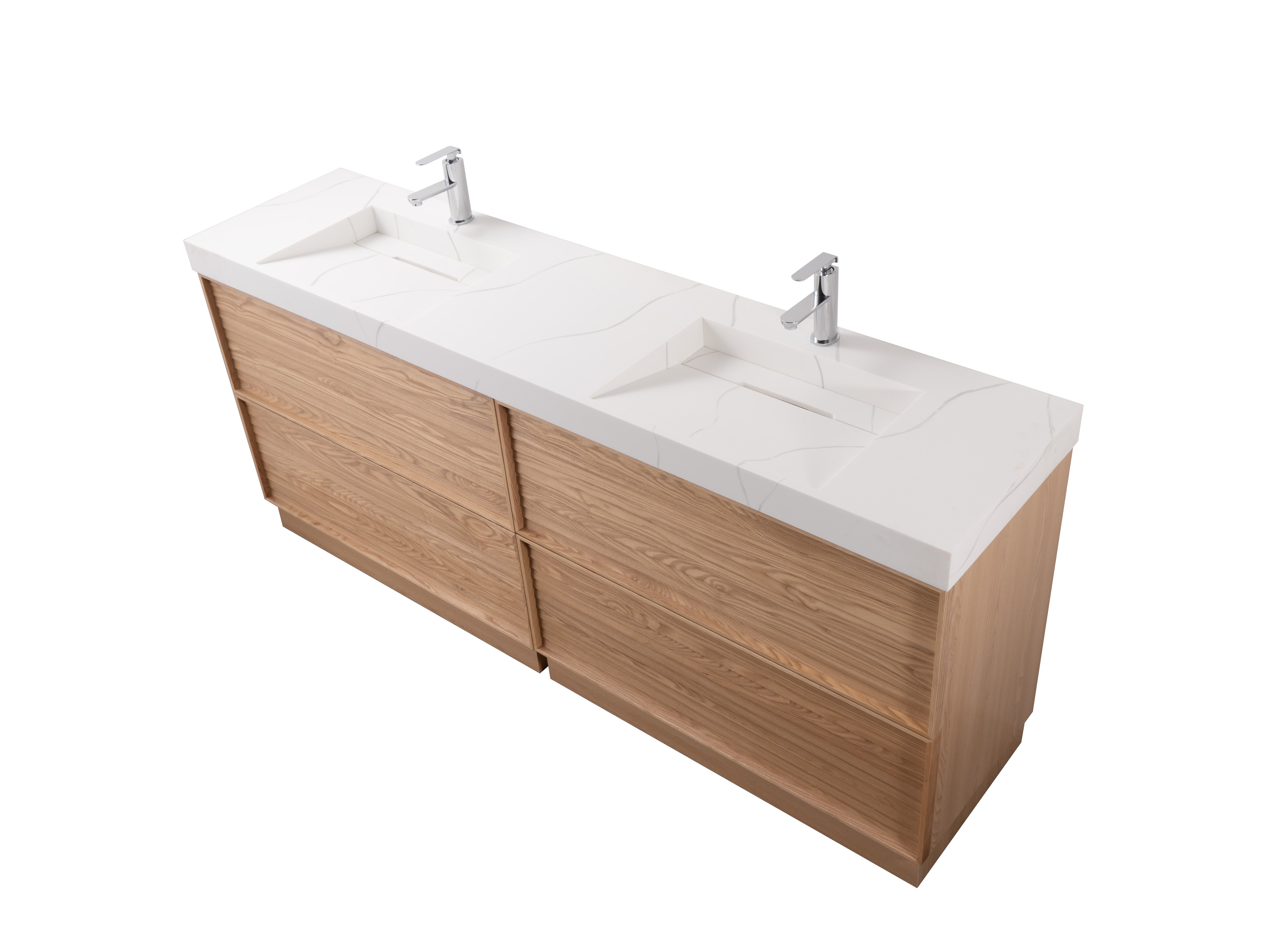 Nara 80" Double Natural Oak Cabinet, Solid Surface CARRARA Infinity Sink, Freestanding Modern Vanity Set