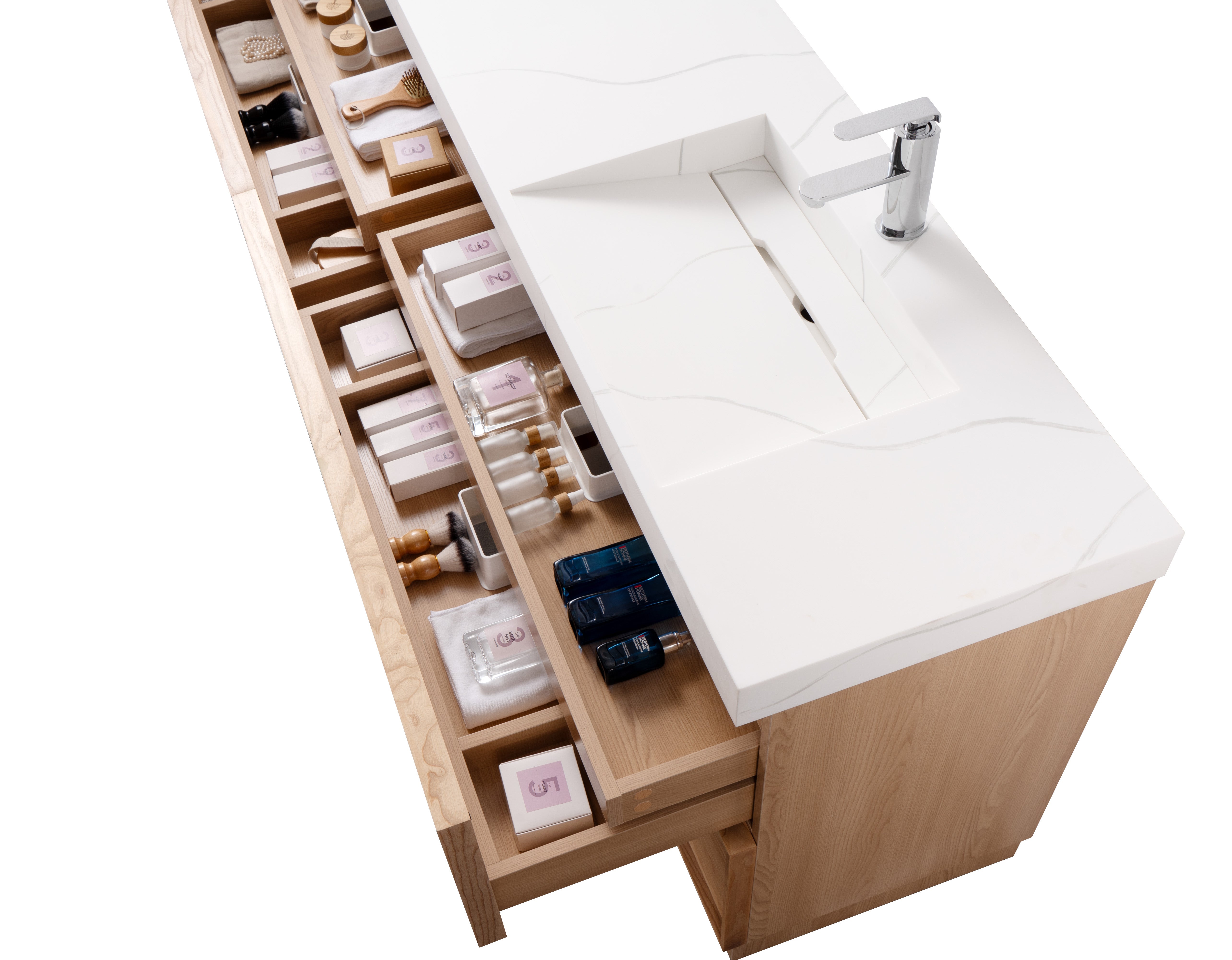 Nara 80" Double Natural Oak Cabinet, Solid Surface CARRARA Infinity Sink, Freestanding Modern Vanity Set
