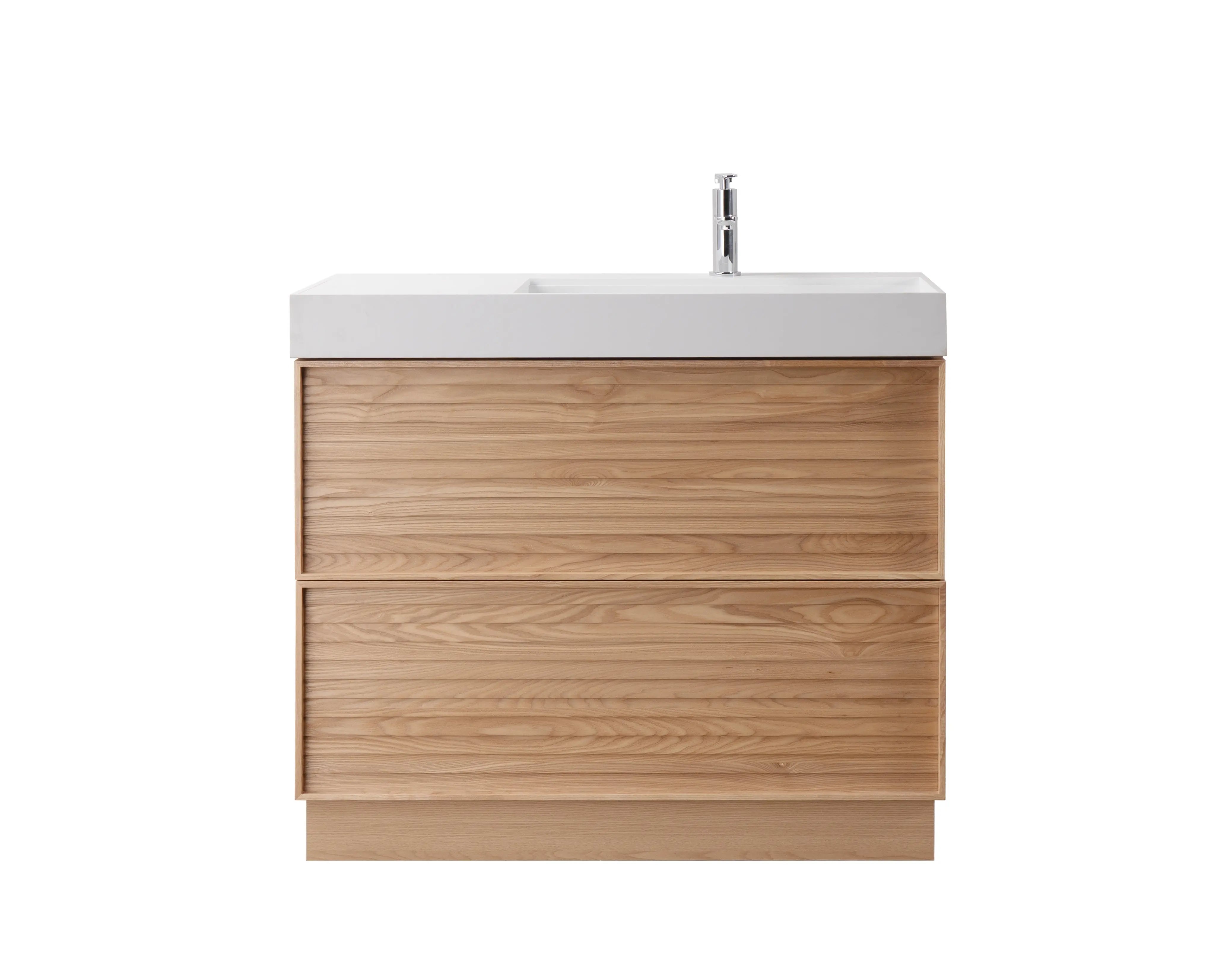 Nara 39.5 Natural Oak Cabinet, Solid Surface ORUS Infinity Sink, Freestanding Modern Vanity Set