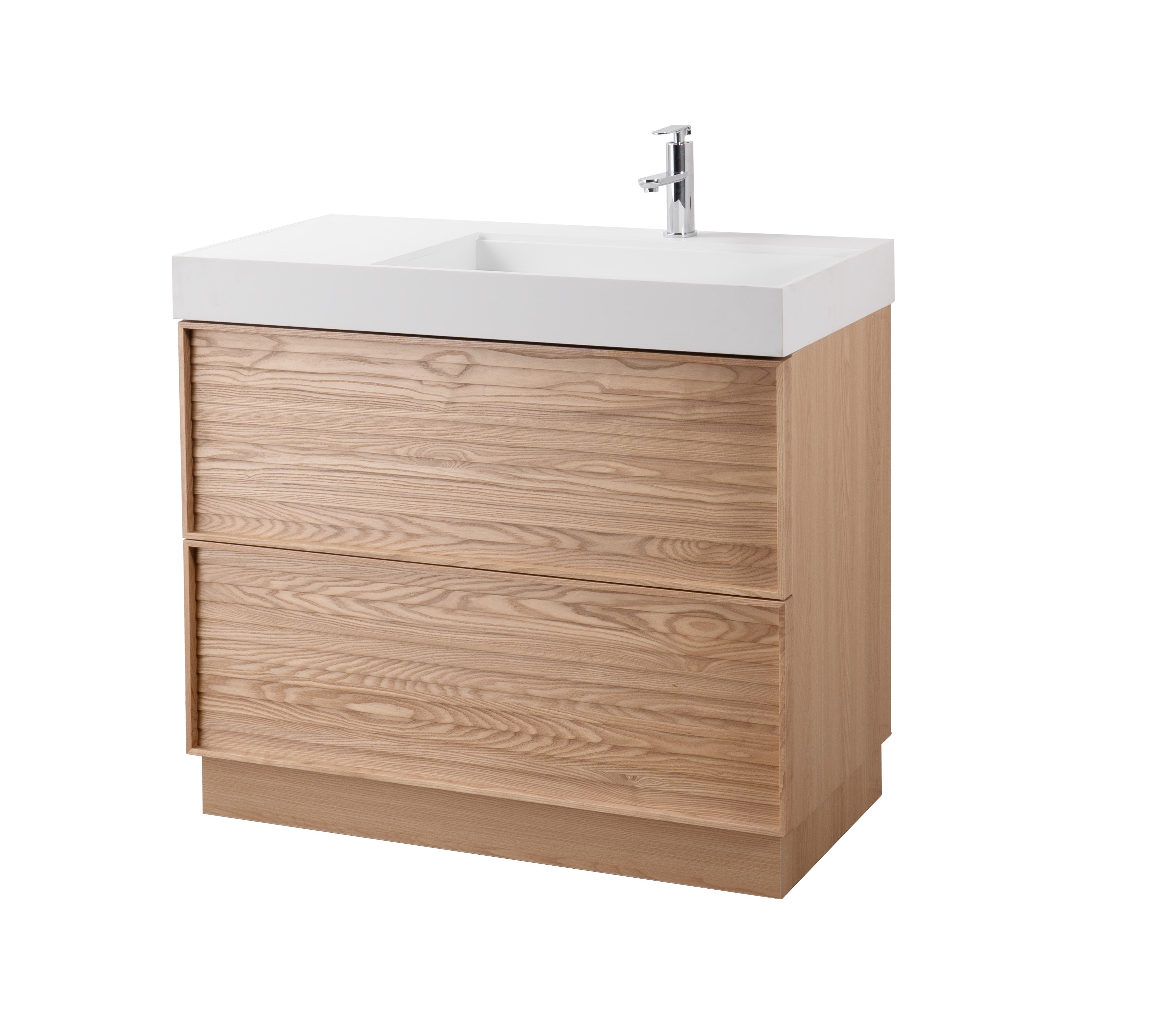 Nara 39.5 Natural Oak Cabinet, Solid Surface ORUS Infinity Sink, Freestanding Modern Vanity Set