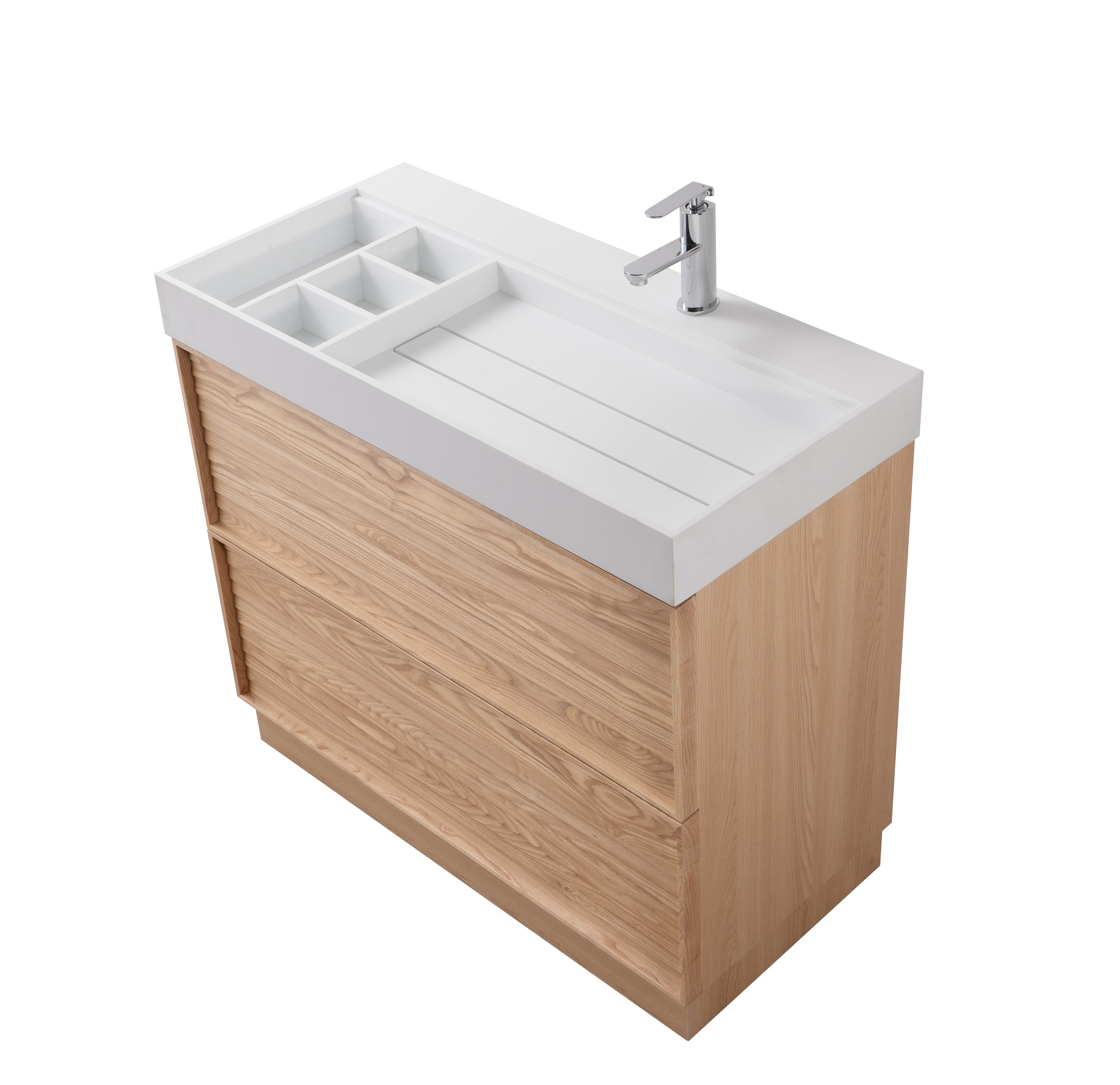 Nara 39.5 Natural Oak Cabinet, Solid Surface ORUS Infinity Sink, Freestanding Modern Vanity Set