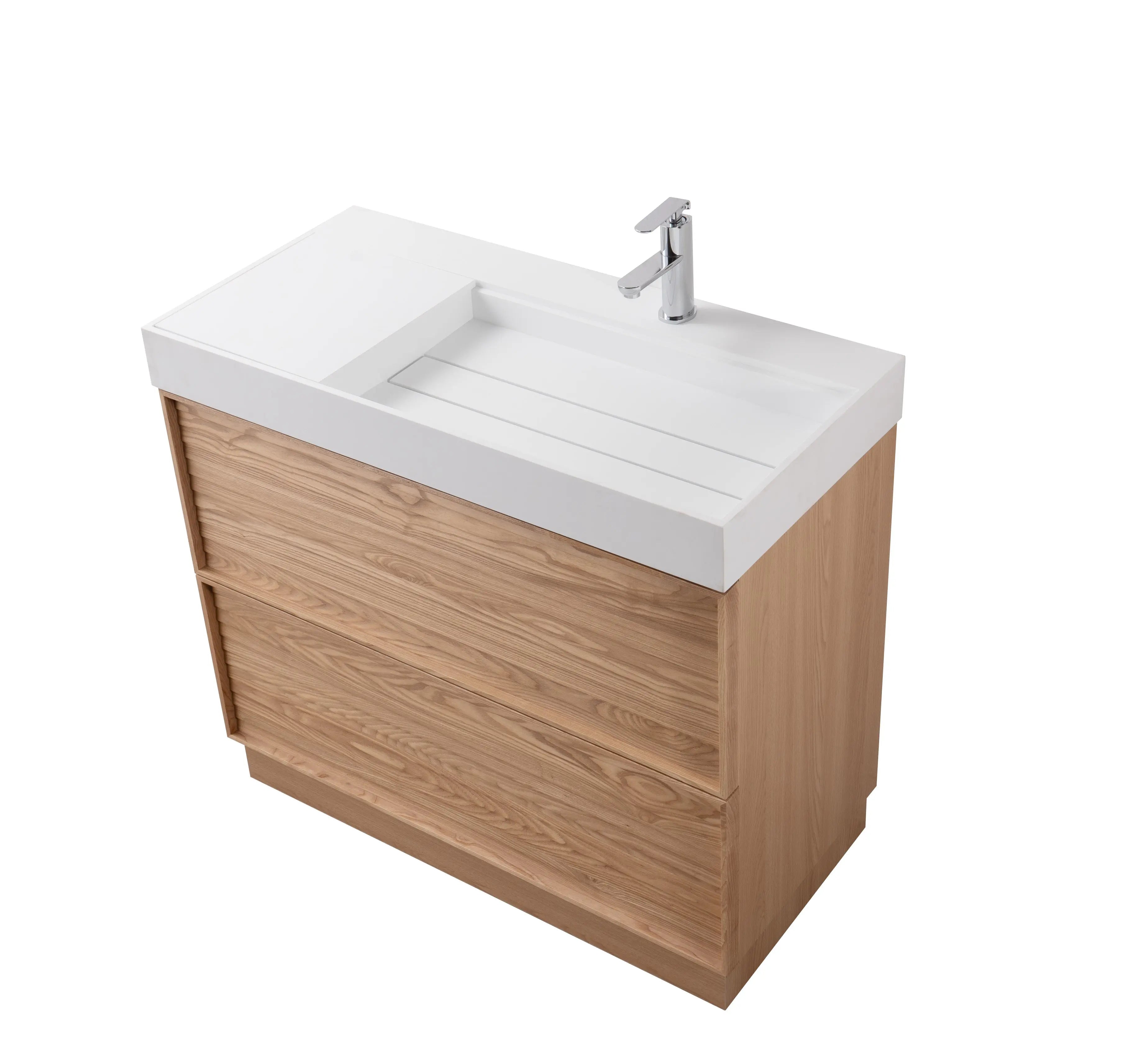 Nara 39.5 Natural Oak Cabinet, Solid Surface ORUS Infinity Sink, Freestanding Modern Vanity Set